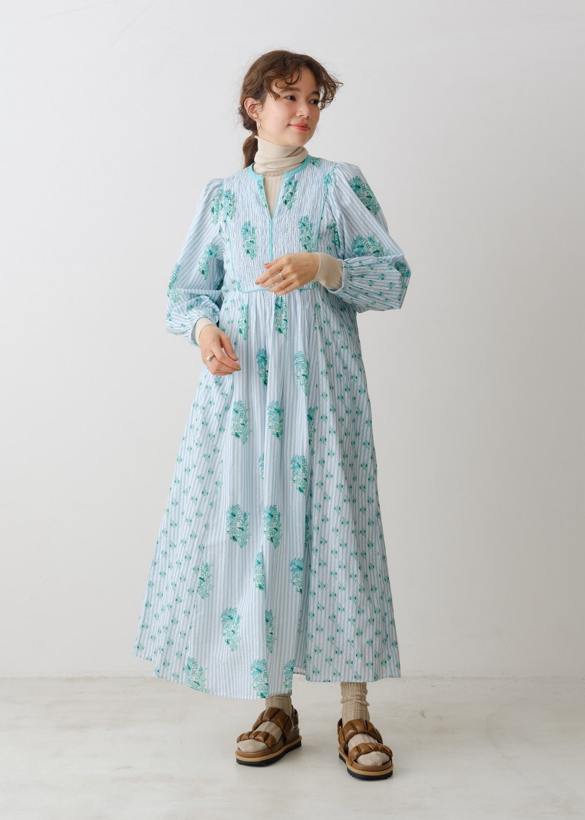 Cotton Jacquard Lily Print Shirring Dress