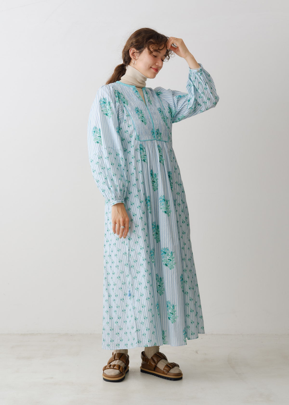 Cotton Jacquard Lily Print Shirring Dress