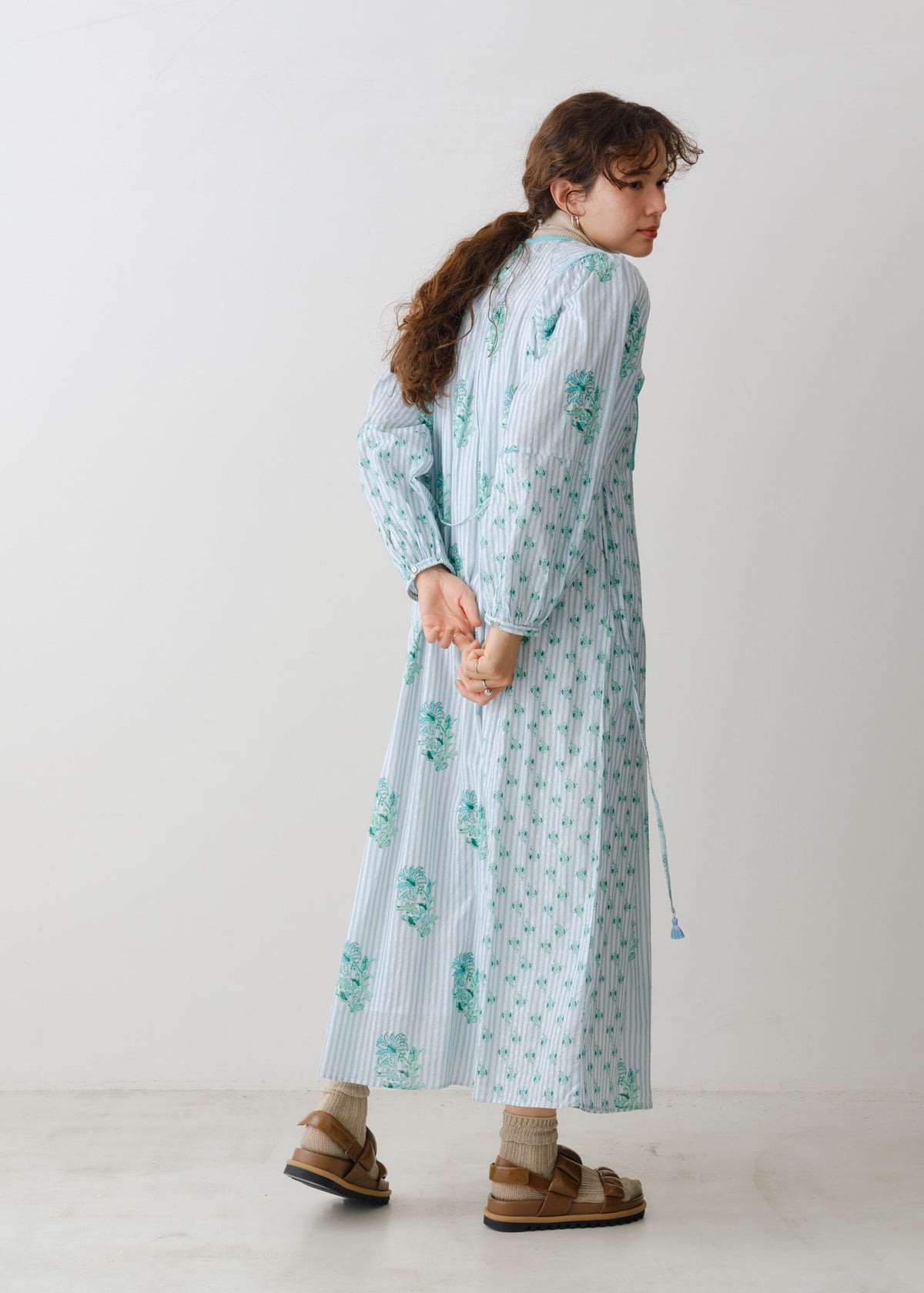 Cotton Jacquard Lily Print Shirring Dress