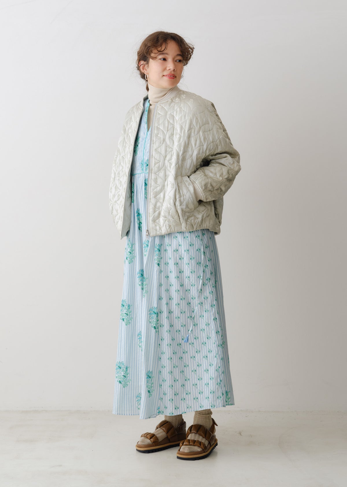 Cotton Jacquard Lily Print Shirring Dress