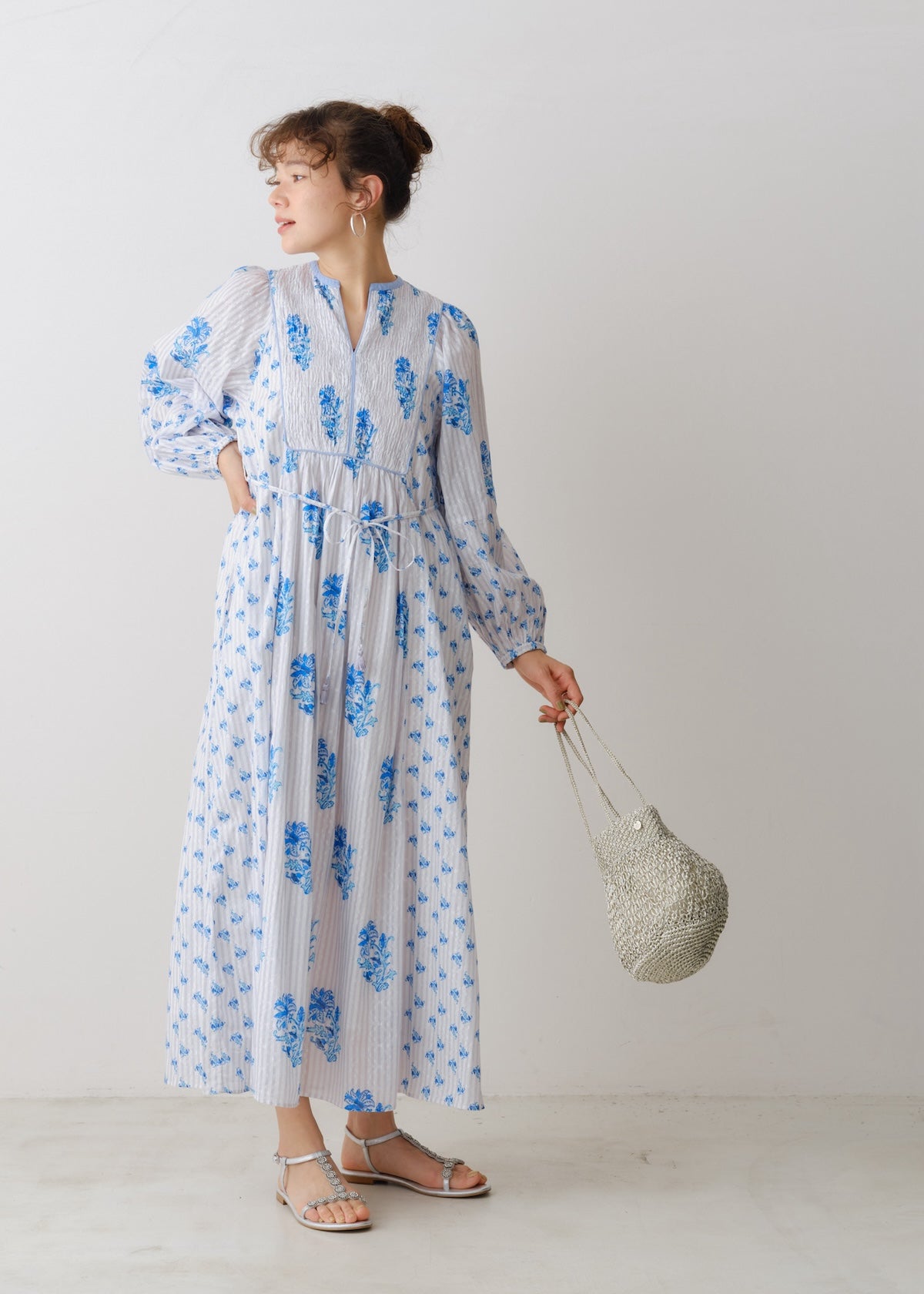 Cotton Jacquard Lily Print Shirring Dress