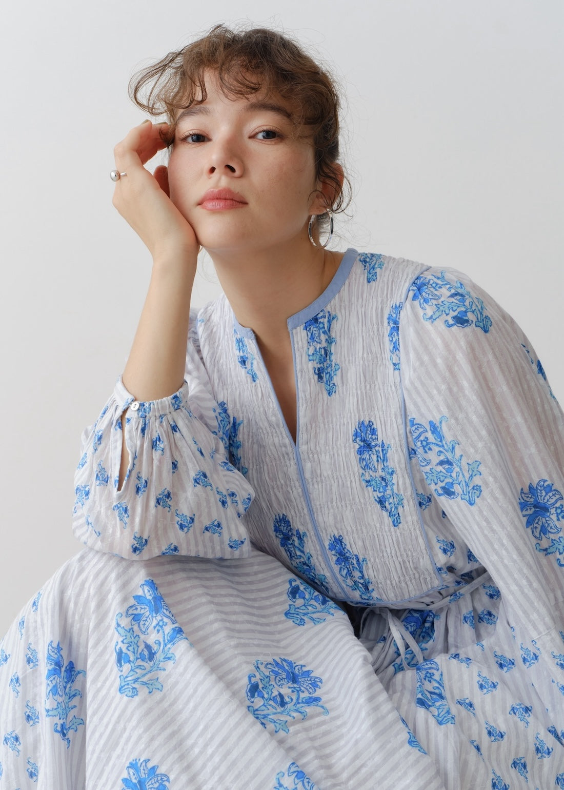 Cotton Jacquard Lily Print Shirring Dress