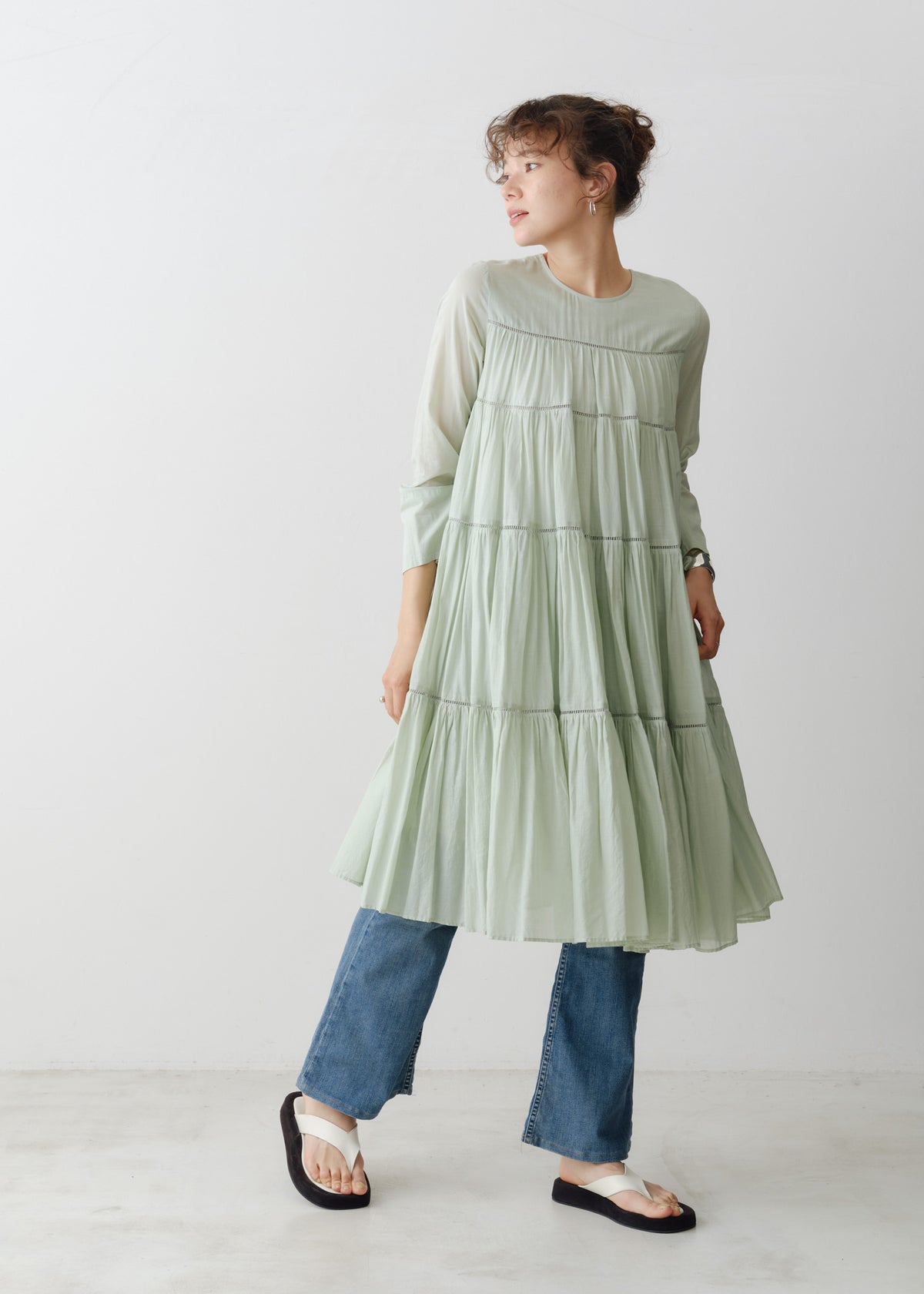 Cotton Voile Tiered Middle Length Dress
