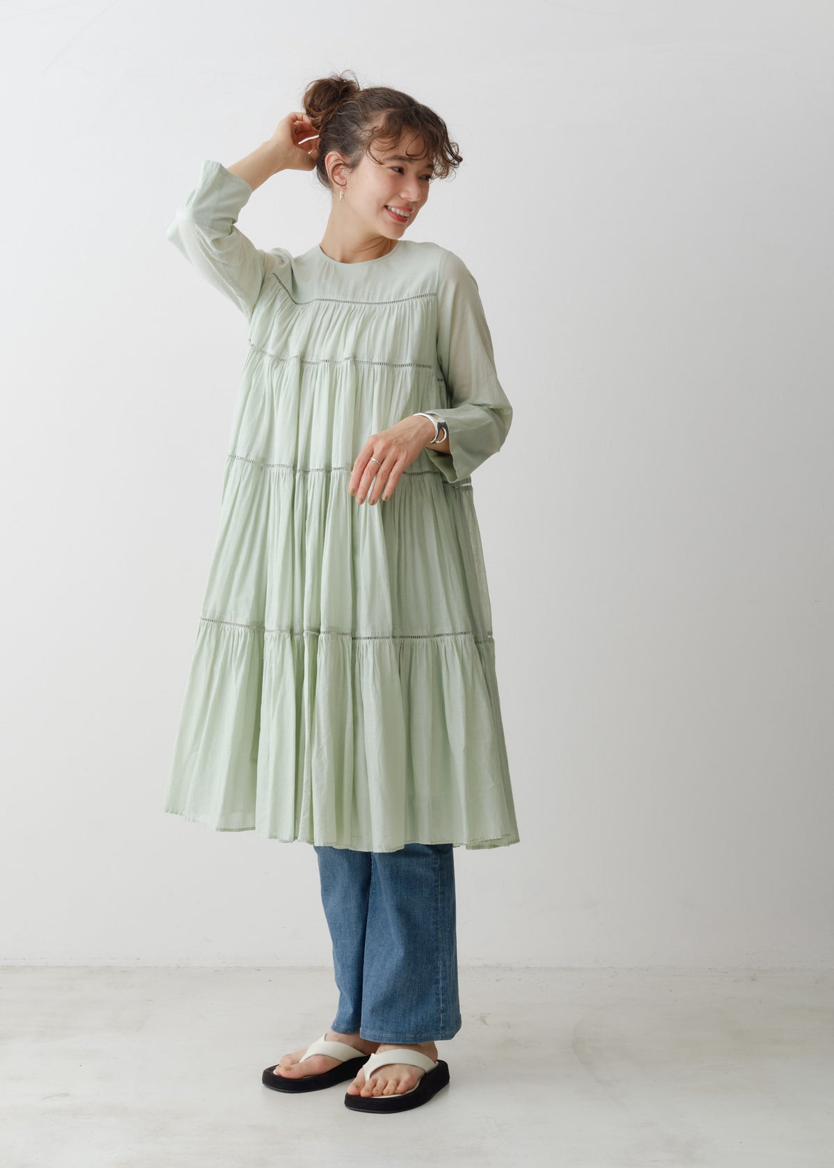 Cotton Voile Tiered Middle Length Dress