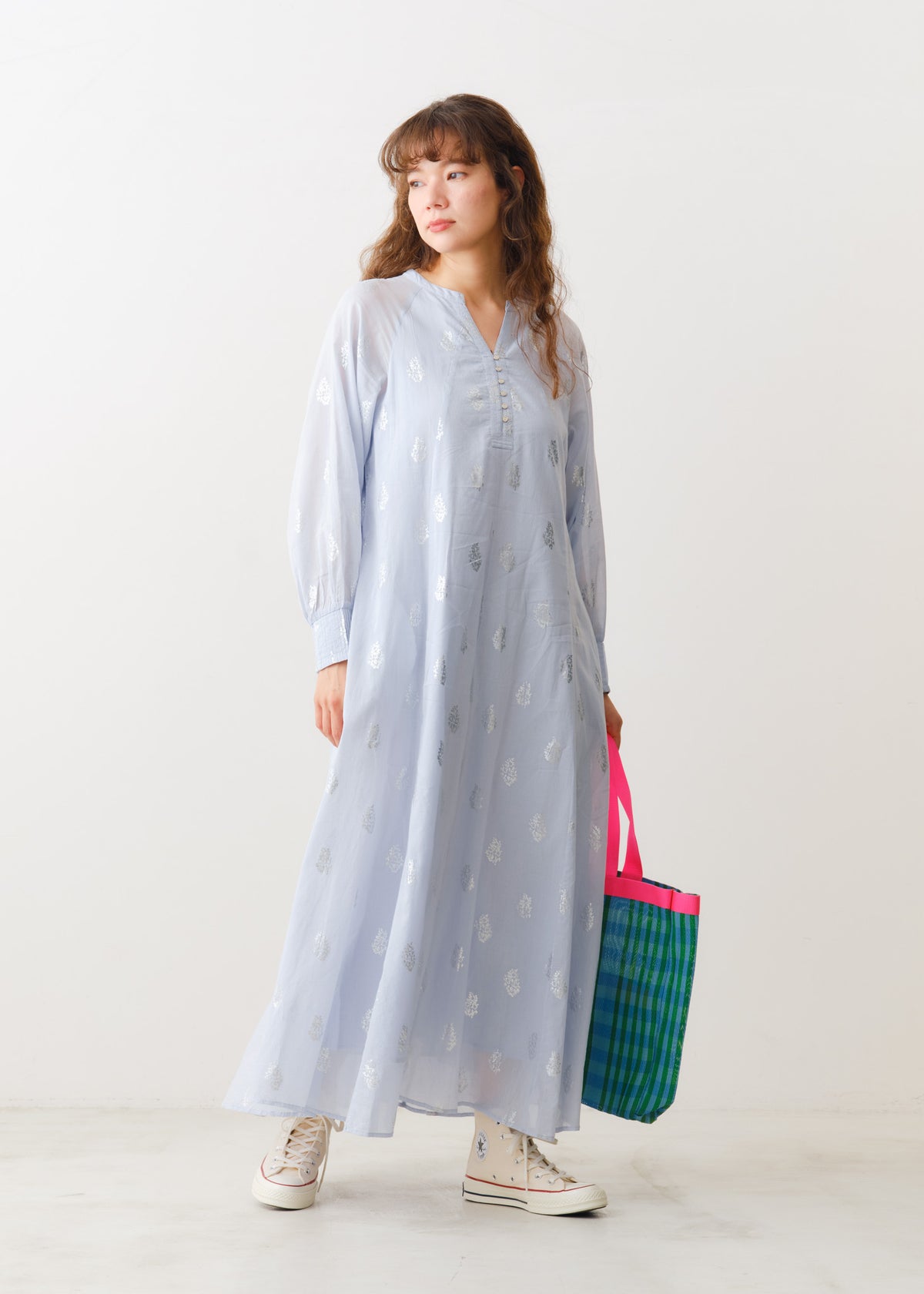 Cotton Voile Foil Flower Print Sleeve Dress