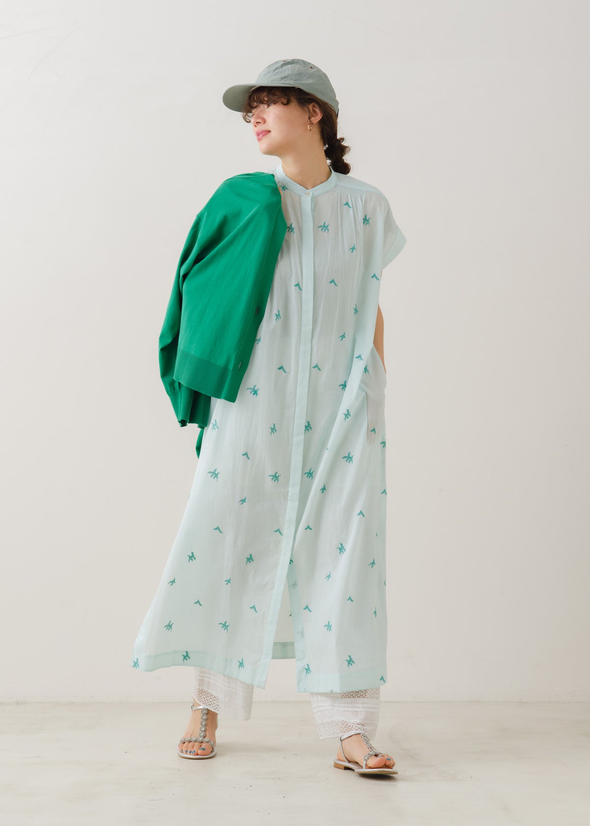Cotton Voile Dot Leaf Embroidery Shirts Dress