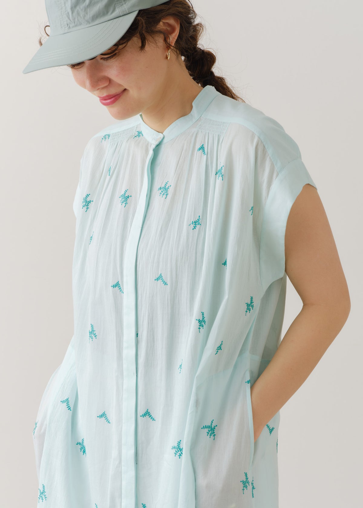 Cotton Voile Dot Leaf Embroidery Shirts Dress