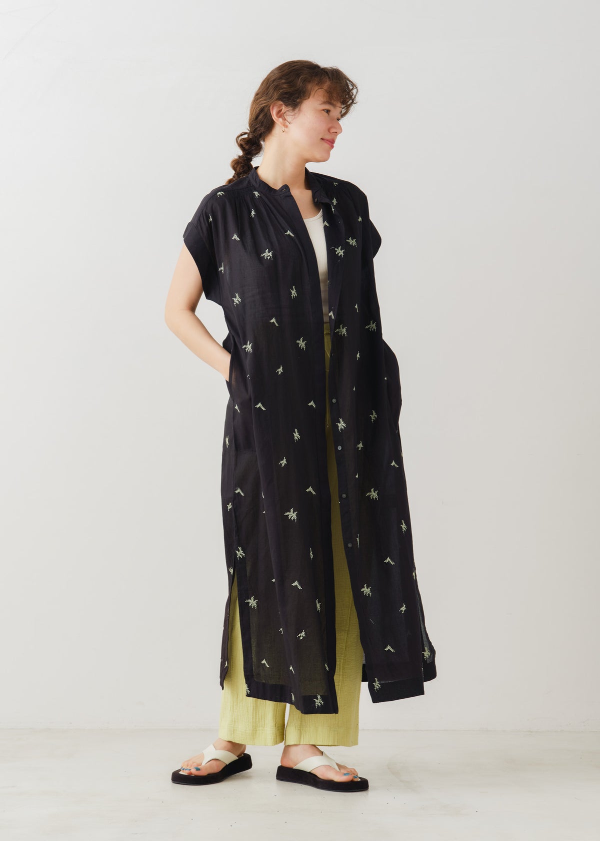 Cotton Voile Dot Leaf Embroidery Shirts Dress