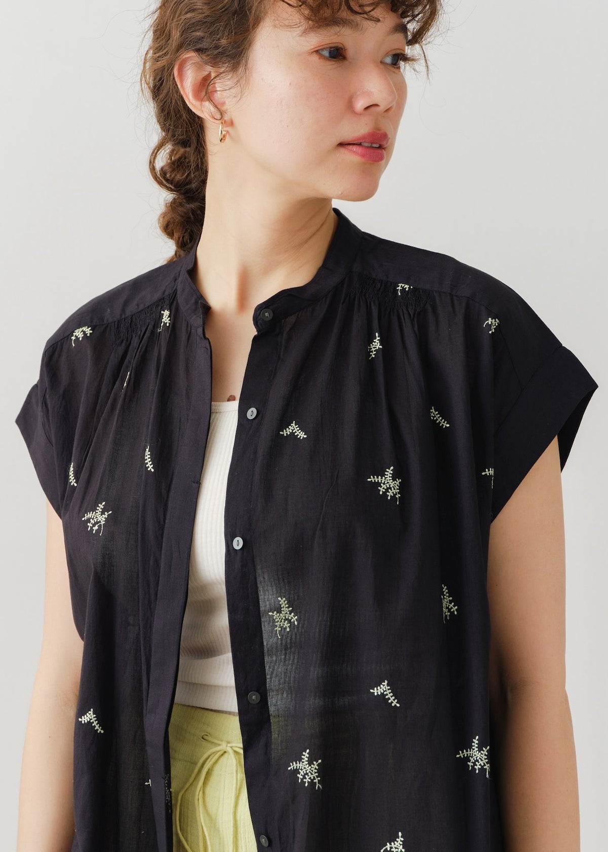 Cotton Voile Dot Leaf Embroidery Shirts Dress
