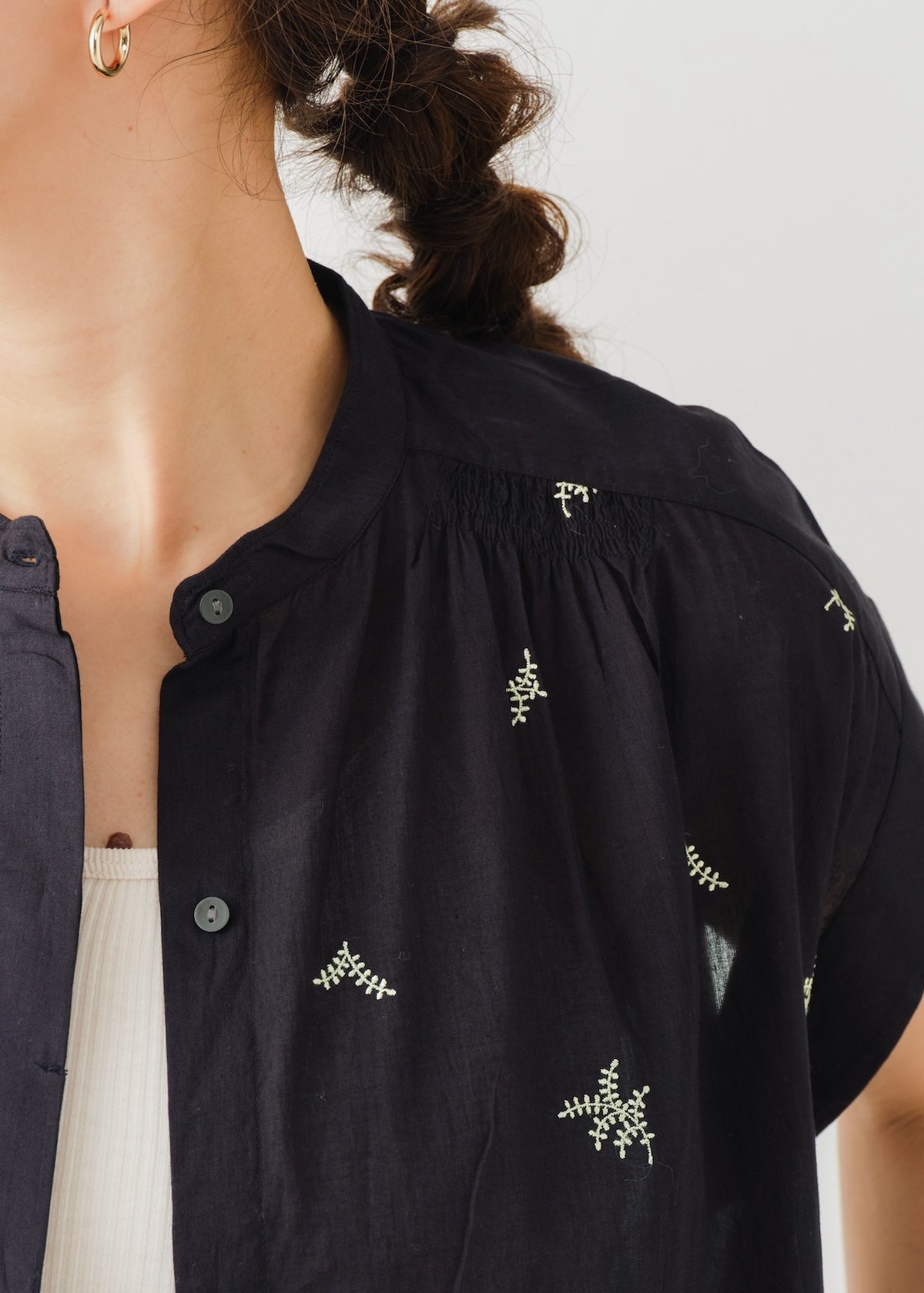 Cotton Voile Dot Leaf Embroidery Shirts Dress
