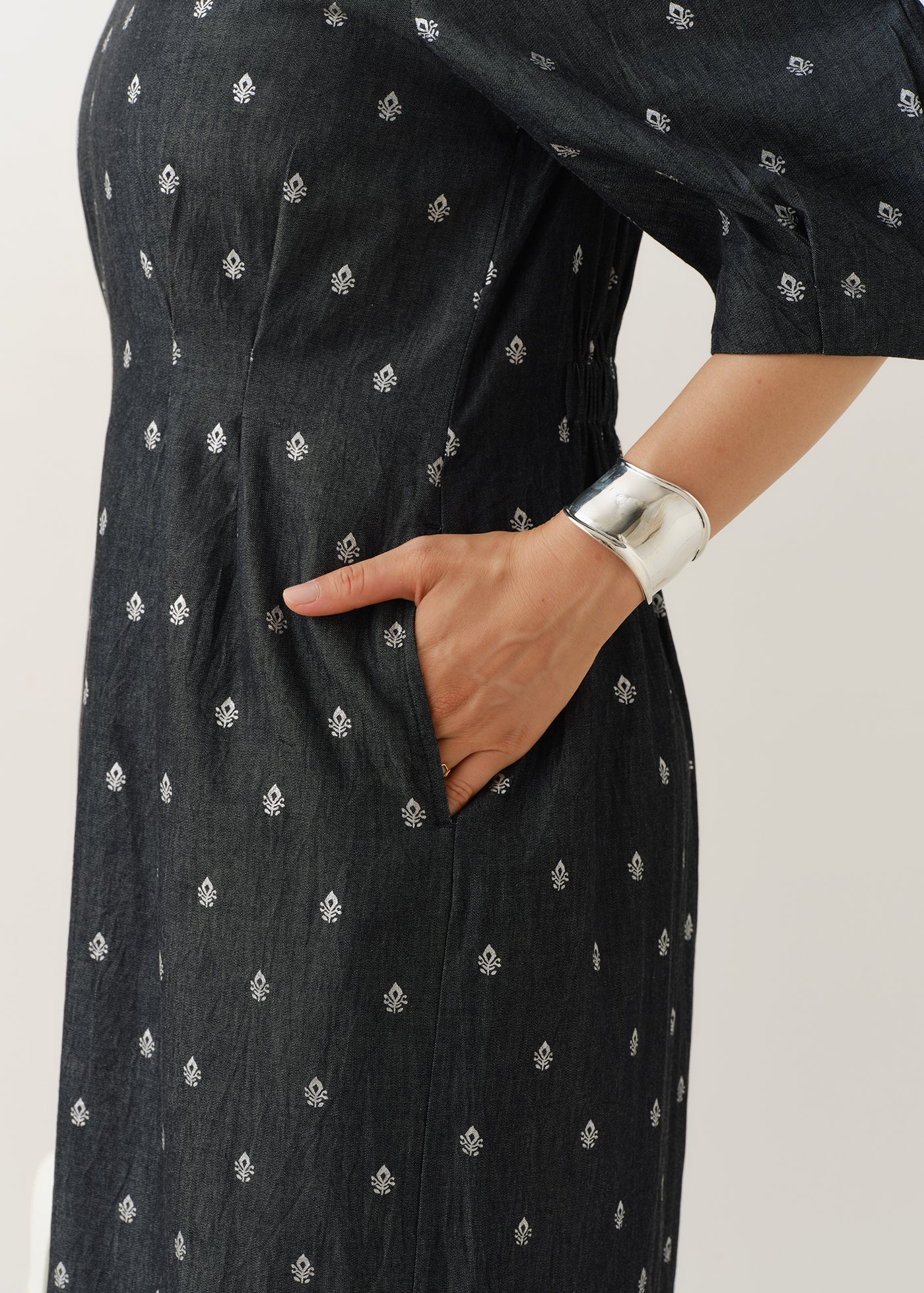 Denim Foil Print Half Sleeve Dress