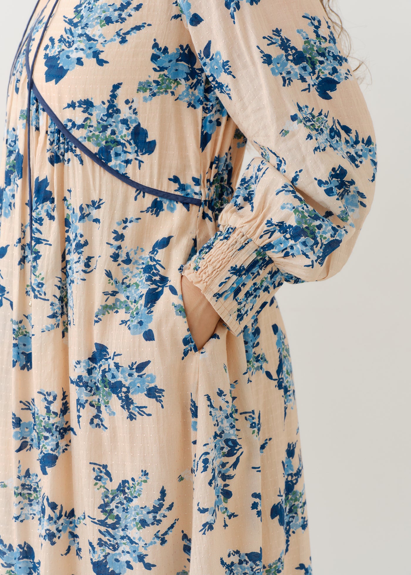 Cotton Rayon Flower Print Piping Dress