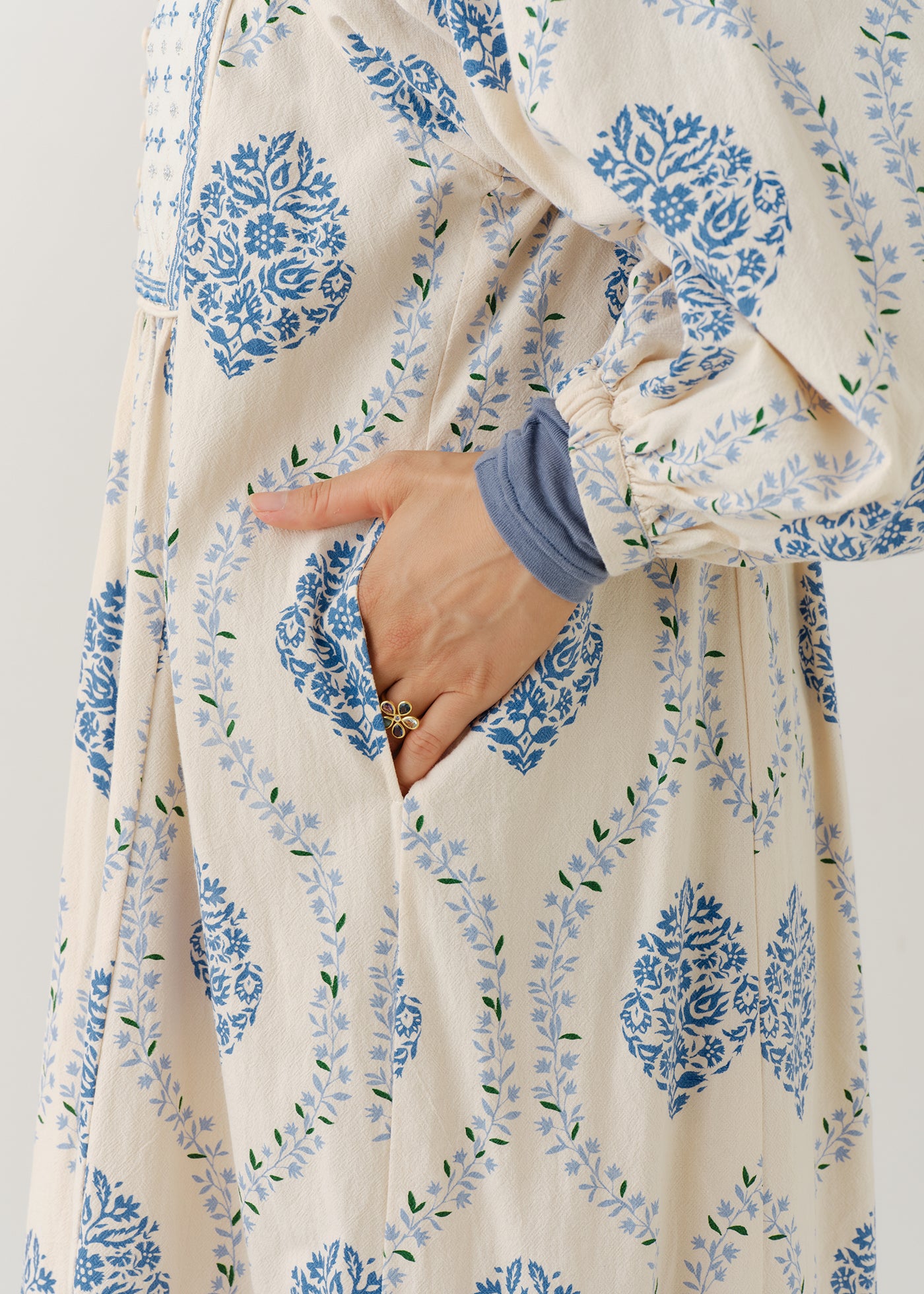 Crimp Cotton Flower Print Yoke Embroidery Dress