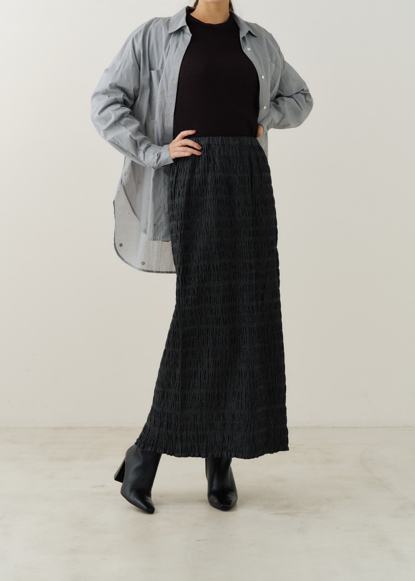 未使用ne Quittez pasシャーリングスカート黒　定価:39,600円 Denim Shirring Skirt | Pasand by ne Quittez pas | パサン