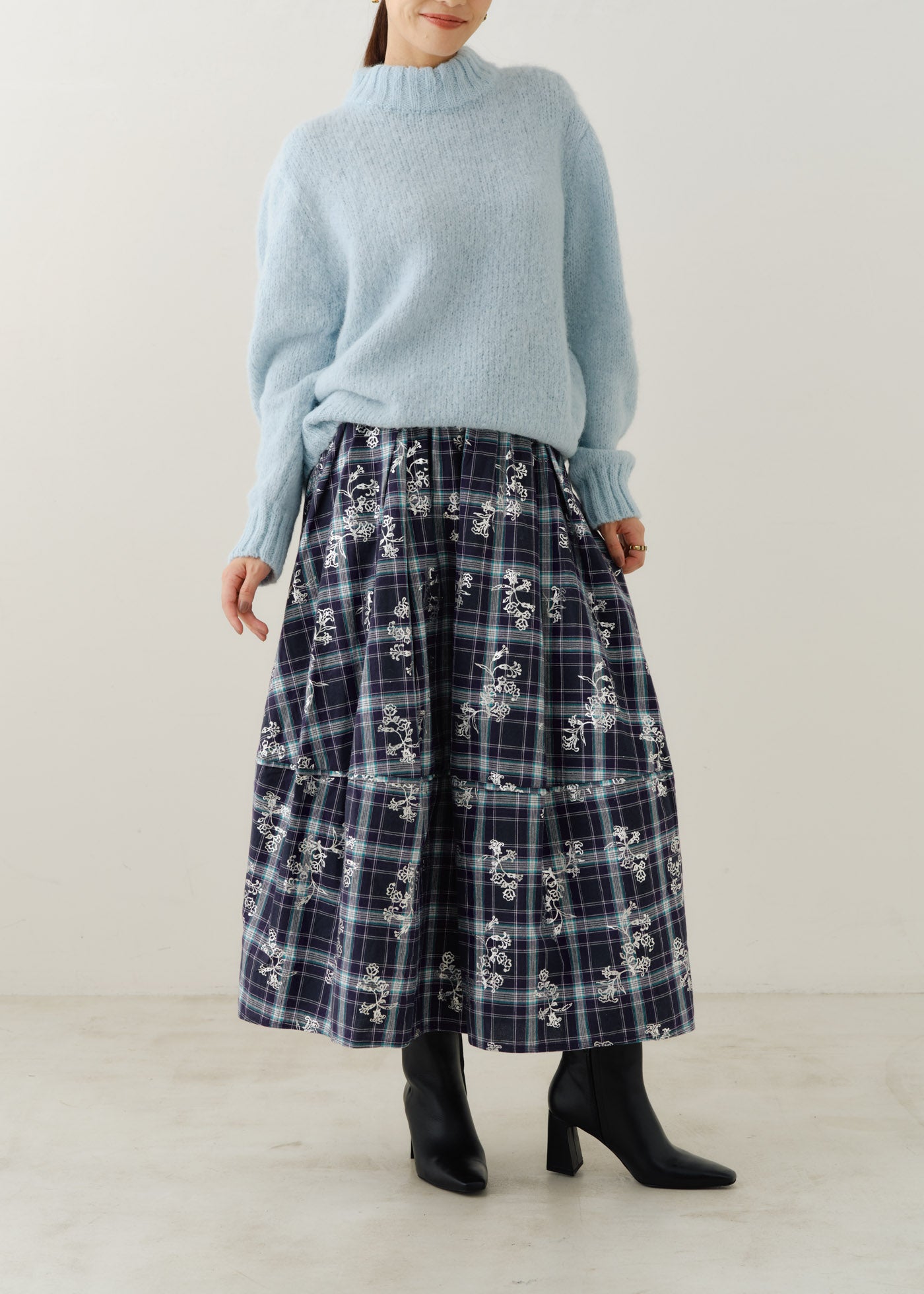 ハク様　スカート2点 Check Foil Print Tuck Gather Skirt | Pasand by ne Quittez