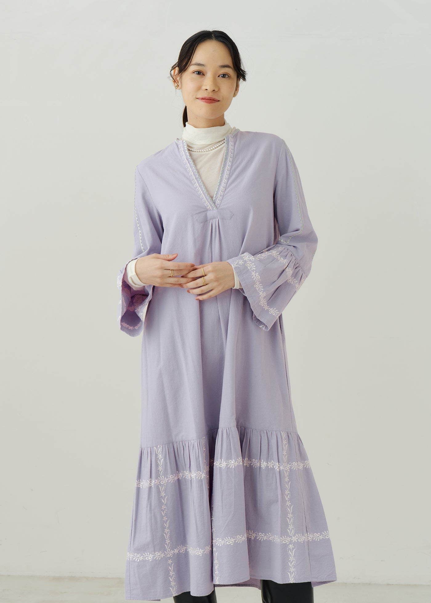 Crimp Cotton Check Emb Flare Cuff Dress | Pasand by ne Quittez pas