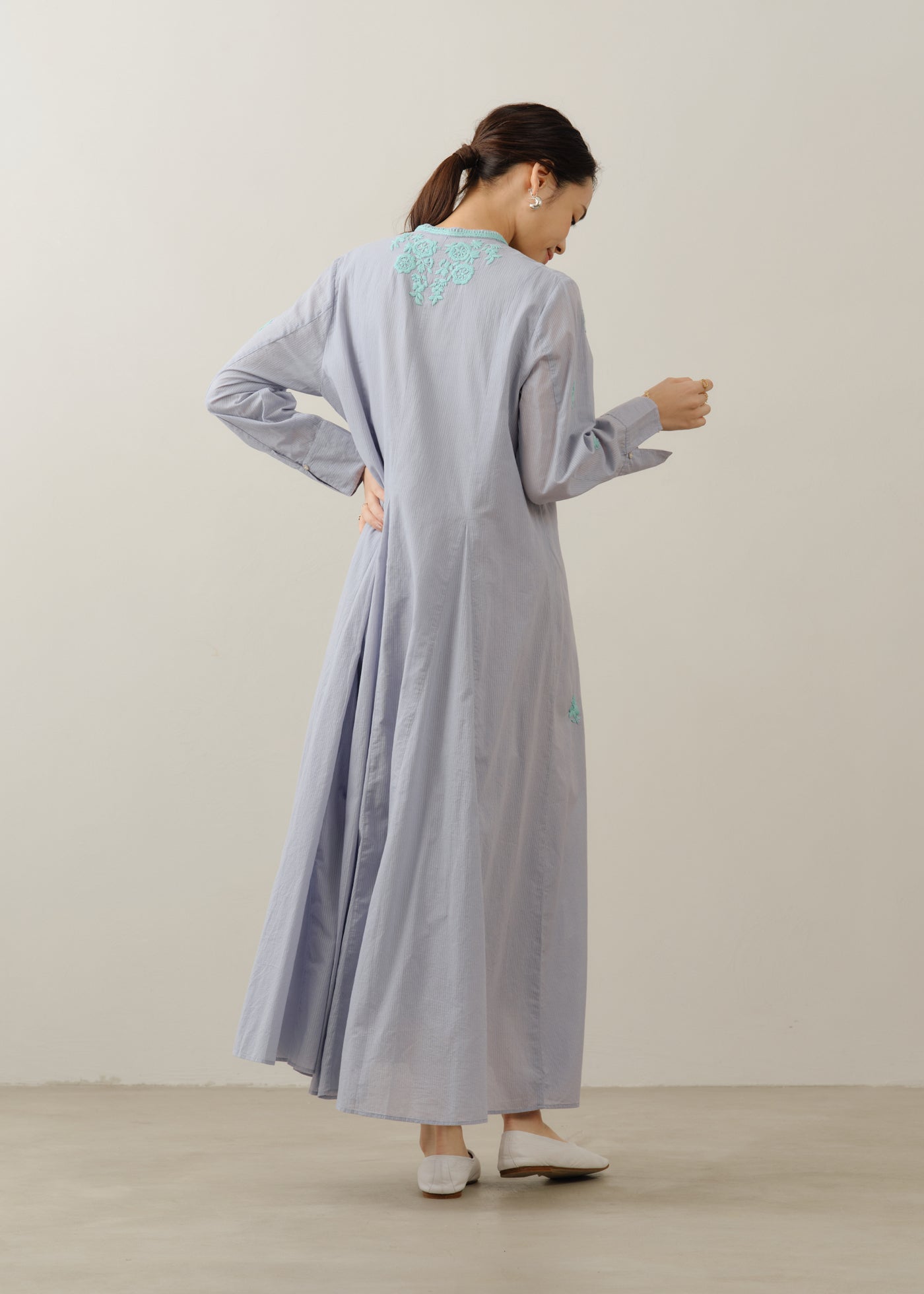 Dobby Stripe Chikan Embroidery Panel Dress | Pasand by ne Quittez