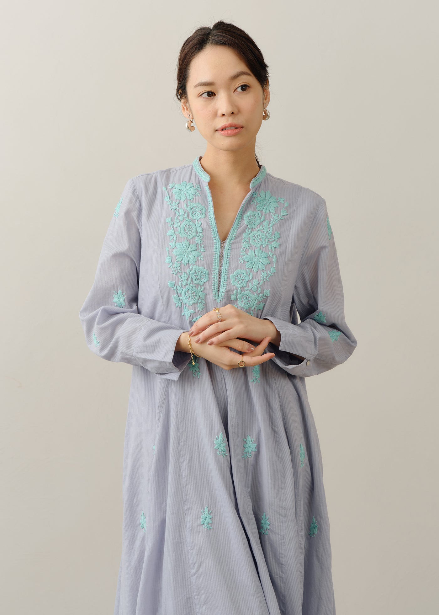 Dobby Stripe Chikan Embroidery Panel Dress