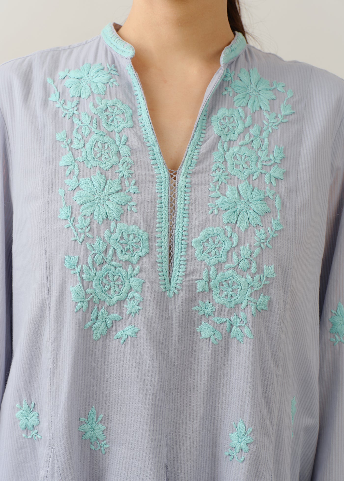 Dobby Stripe Chikan Embroidery Panel Dress