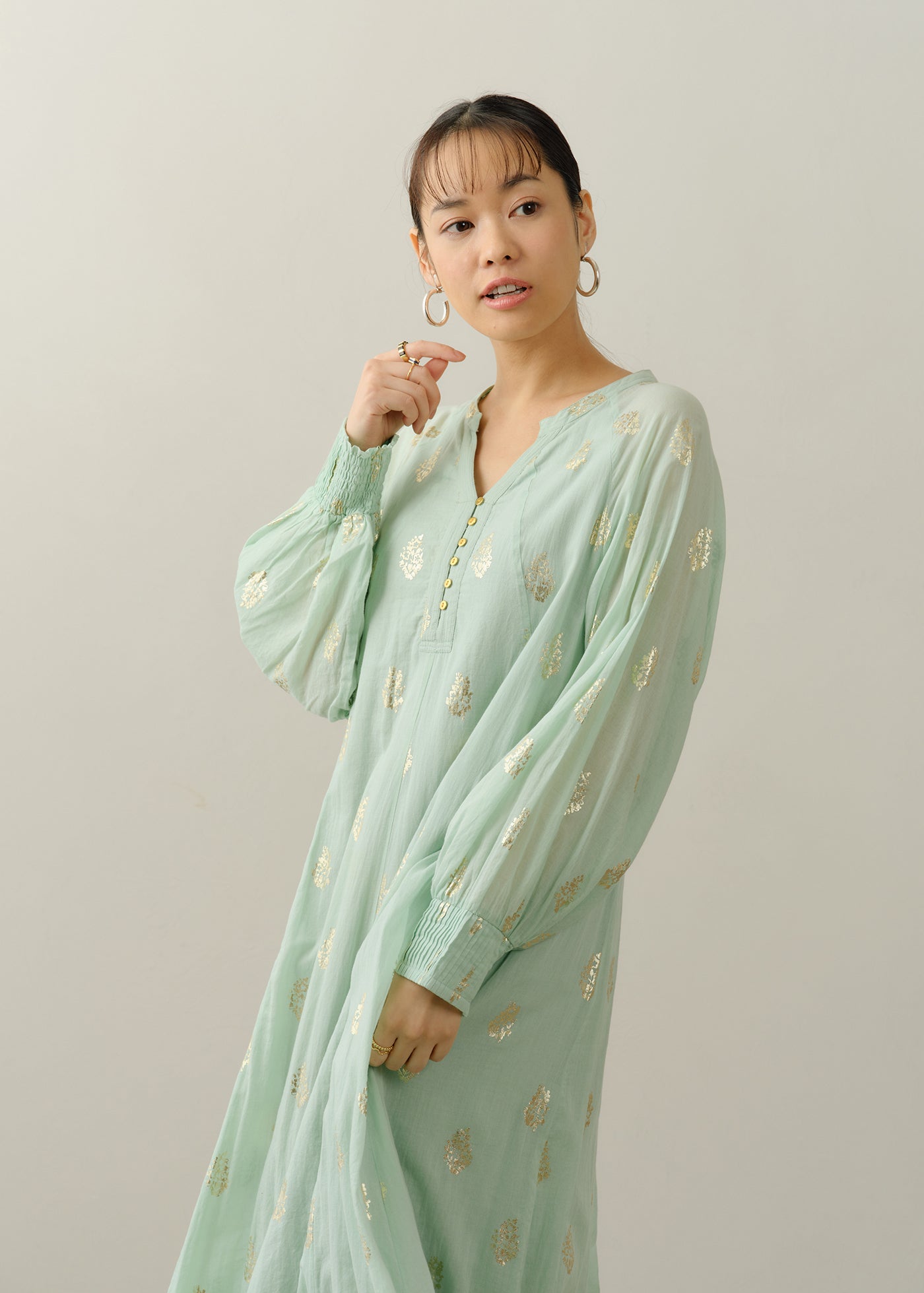 ヌキテパ Foil Flower Print Sleeve Dress S Cotton Voile Foil Flower Print Sleeve Dress | Pasand by ne Quittez