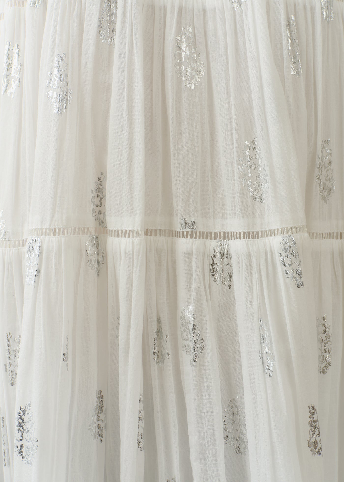 Cotton Voile Foil Flower Print Tiered Middle Length Dress | Pasand
