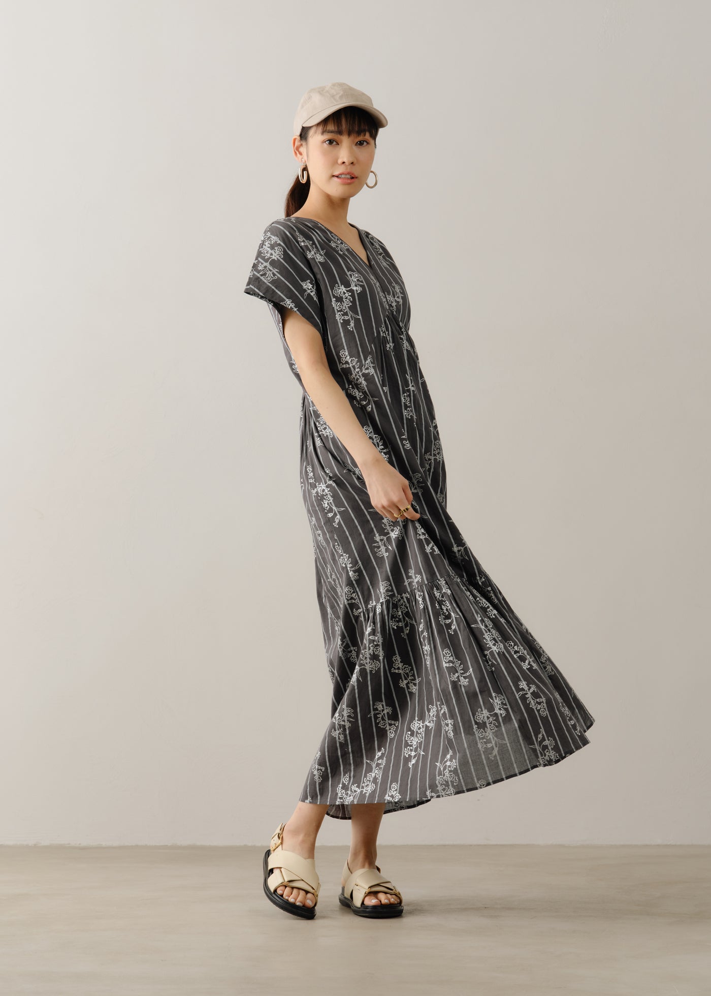 Cotton Voile Stripe Anemone Foil Print French Sleeve Dress