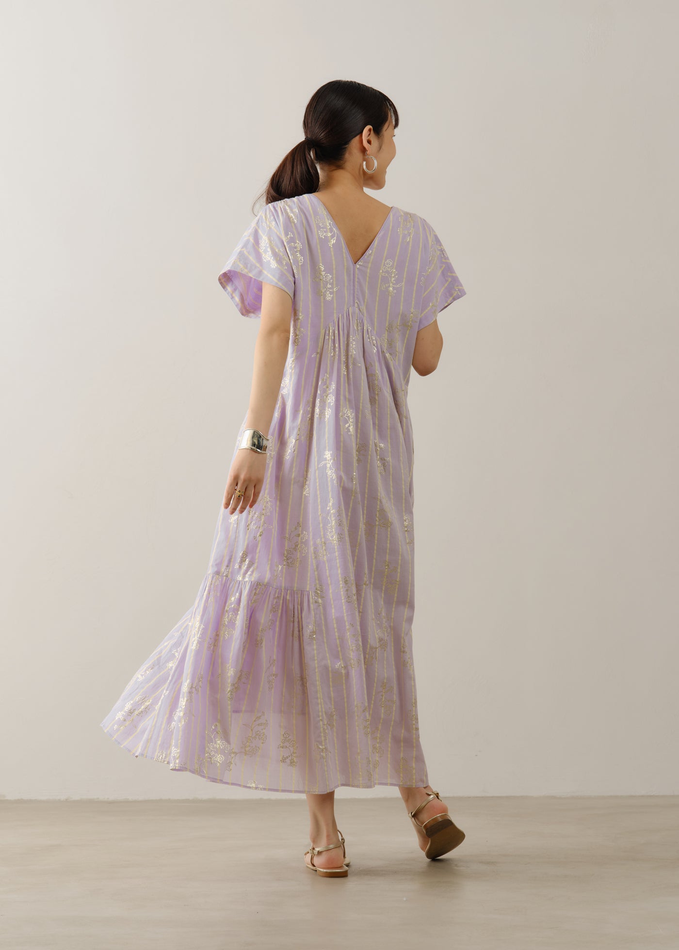 Cotton Voile Stripe Anemone Foil Print French Sleeve Dress