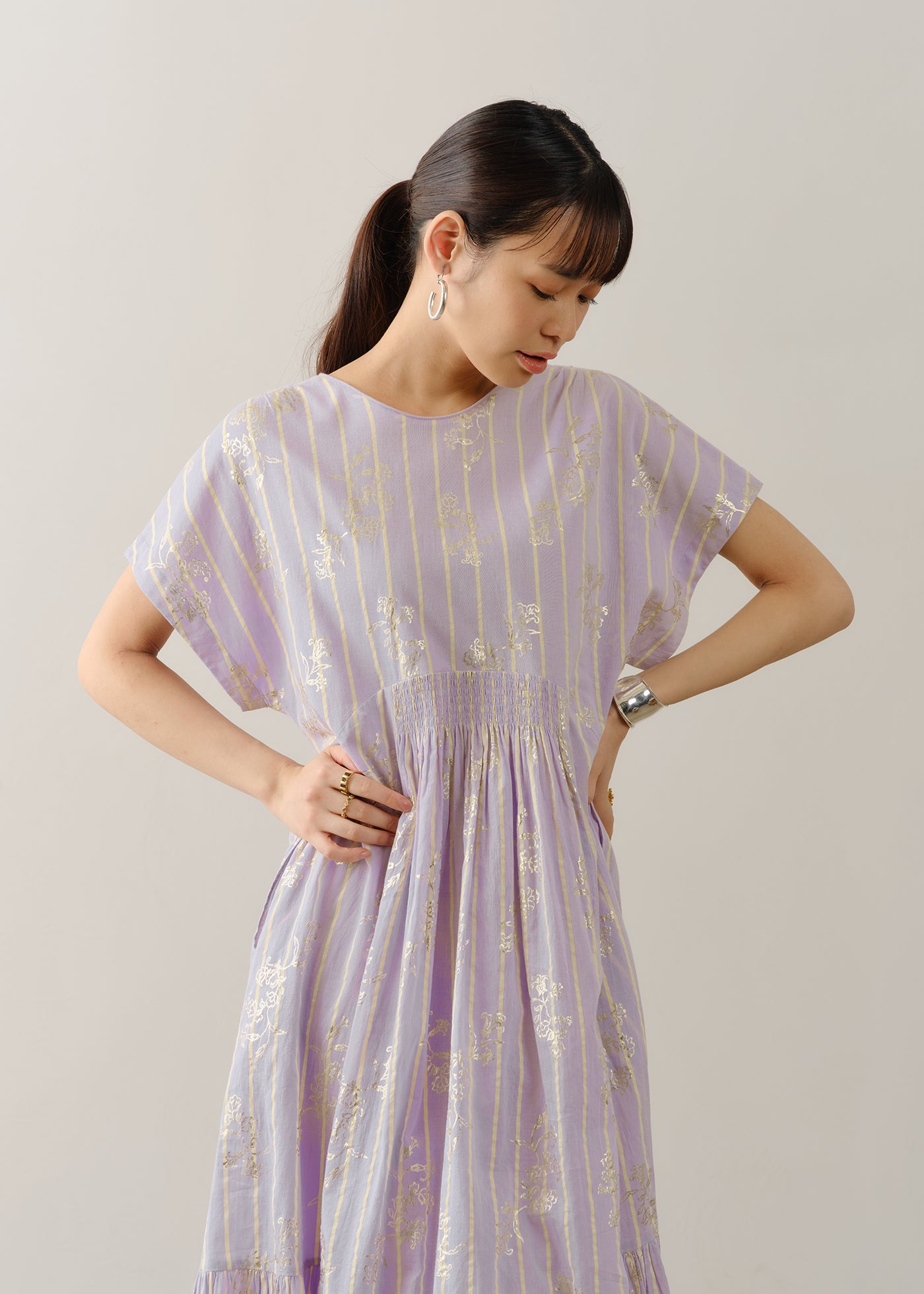 Cotton Voile Stripe Anemone Foil Print French Sleeve Dress
