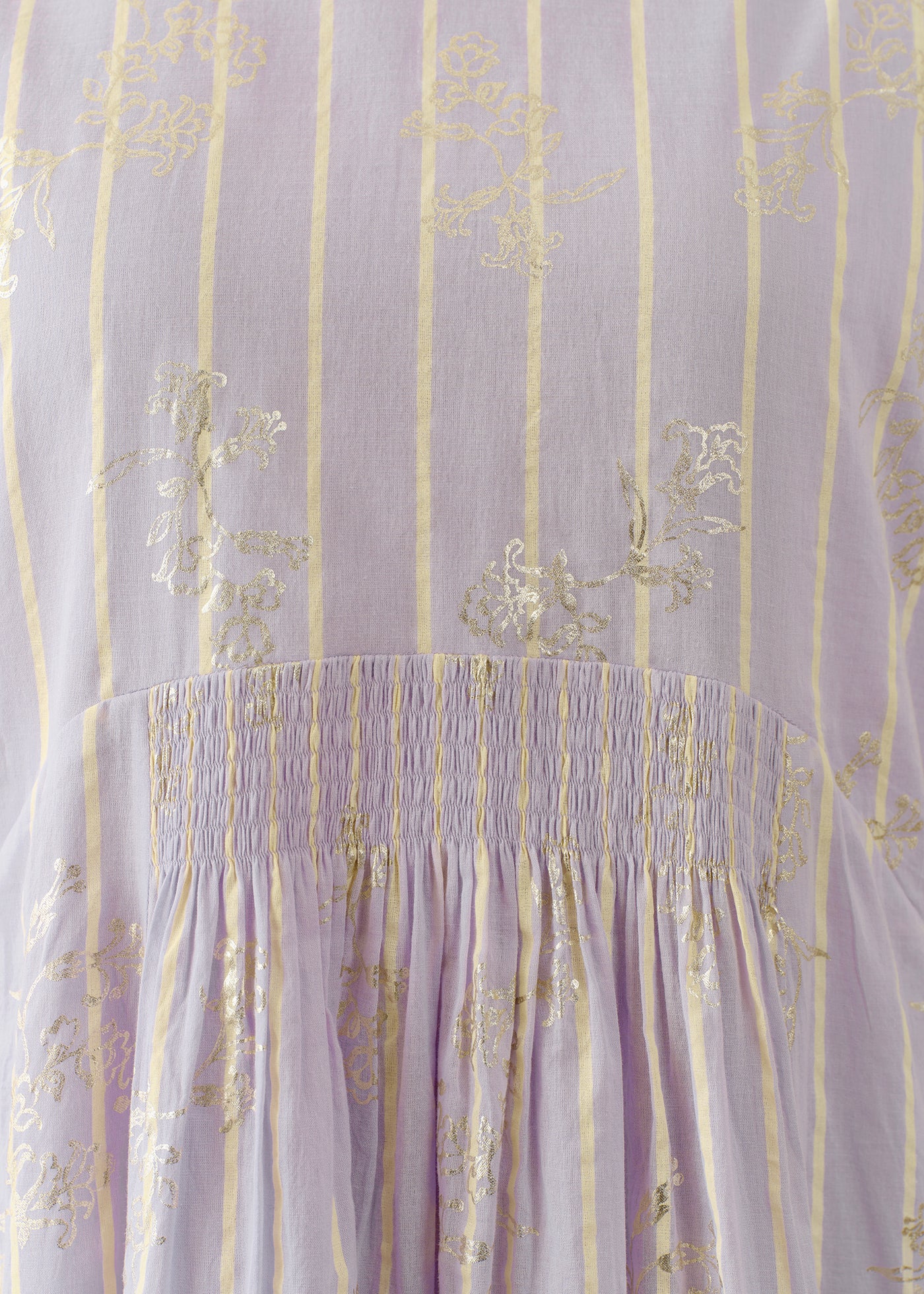 Cotton Voile Stripe Anemone Foil Print French Sleeve Dress