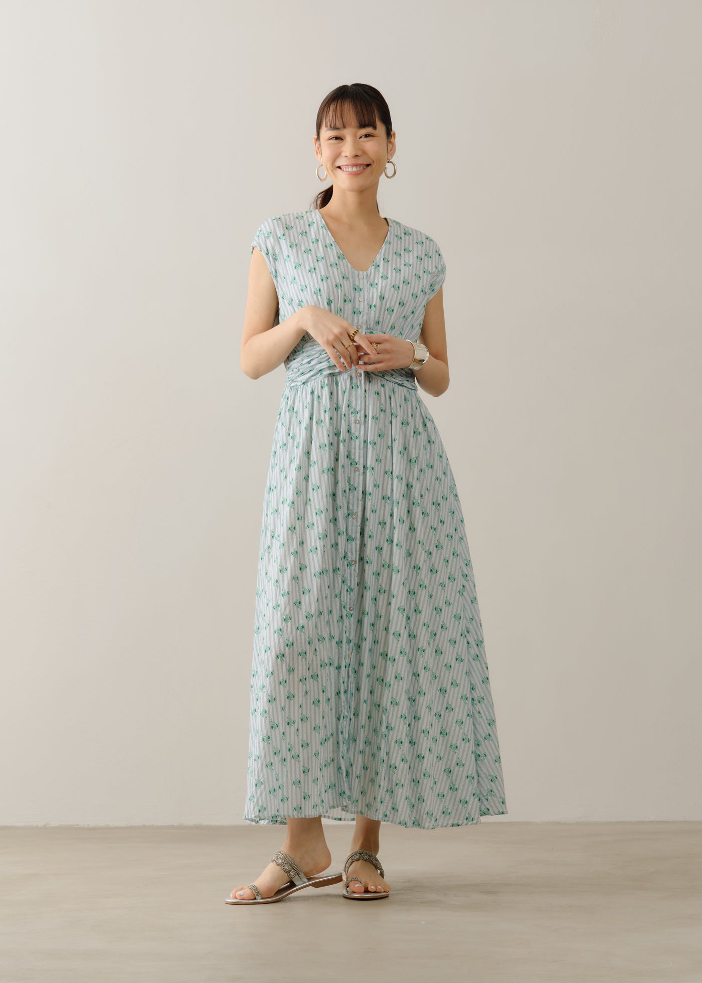 Cotton Jacquard Stripe Small Flower Print Sleeveless Waist Gather