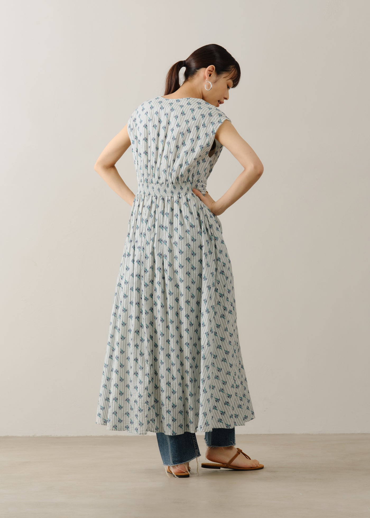 Cotton Jacquard Stripe Small Flower Print Sleeveless Waist Gather