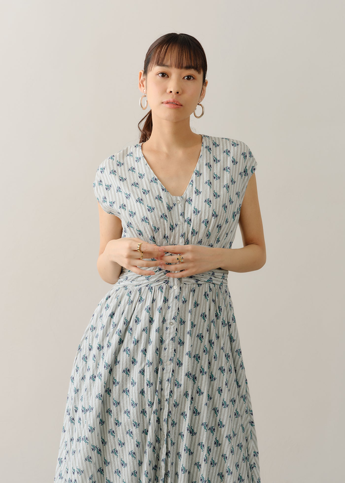 Cotton Jacquard Stripe Small Flower Print Sleeveless Waist Gather