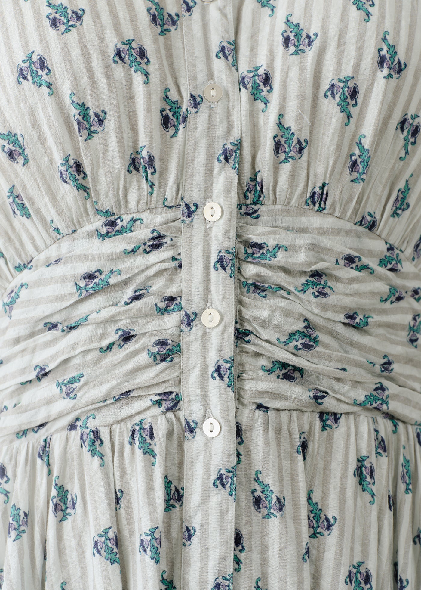 Cotton Jacquard Stripe Small Flower Print Sleeveless Waist Gather