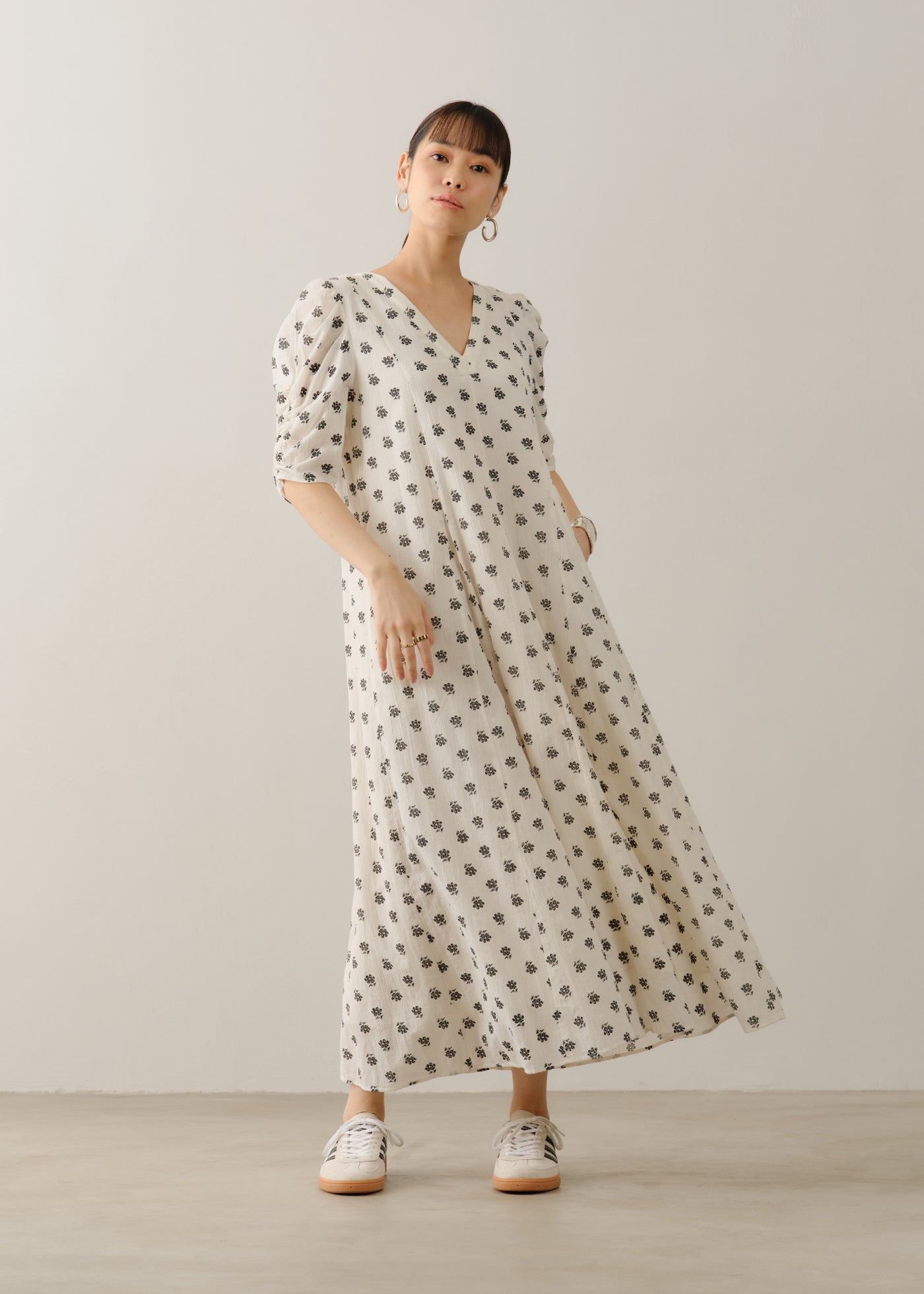 Cotton Dobby Stripe Anemone Print Gather Sleeve Dress | Pasand by