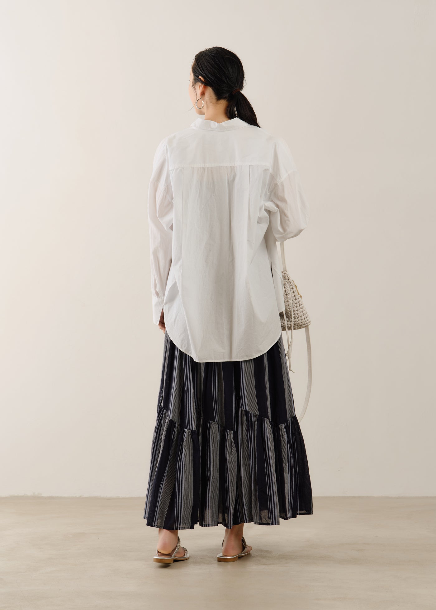 ne Quittez pas ヌキテパ　クロシェ編ロングスカート Cotton Voile Stripe Slant Panel Skirt | Pasand by ne Quittez pas
