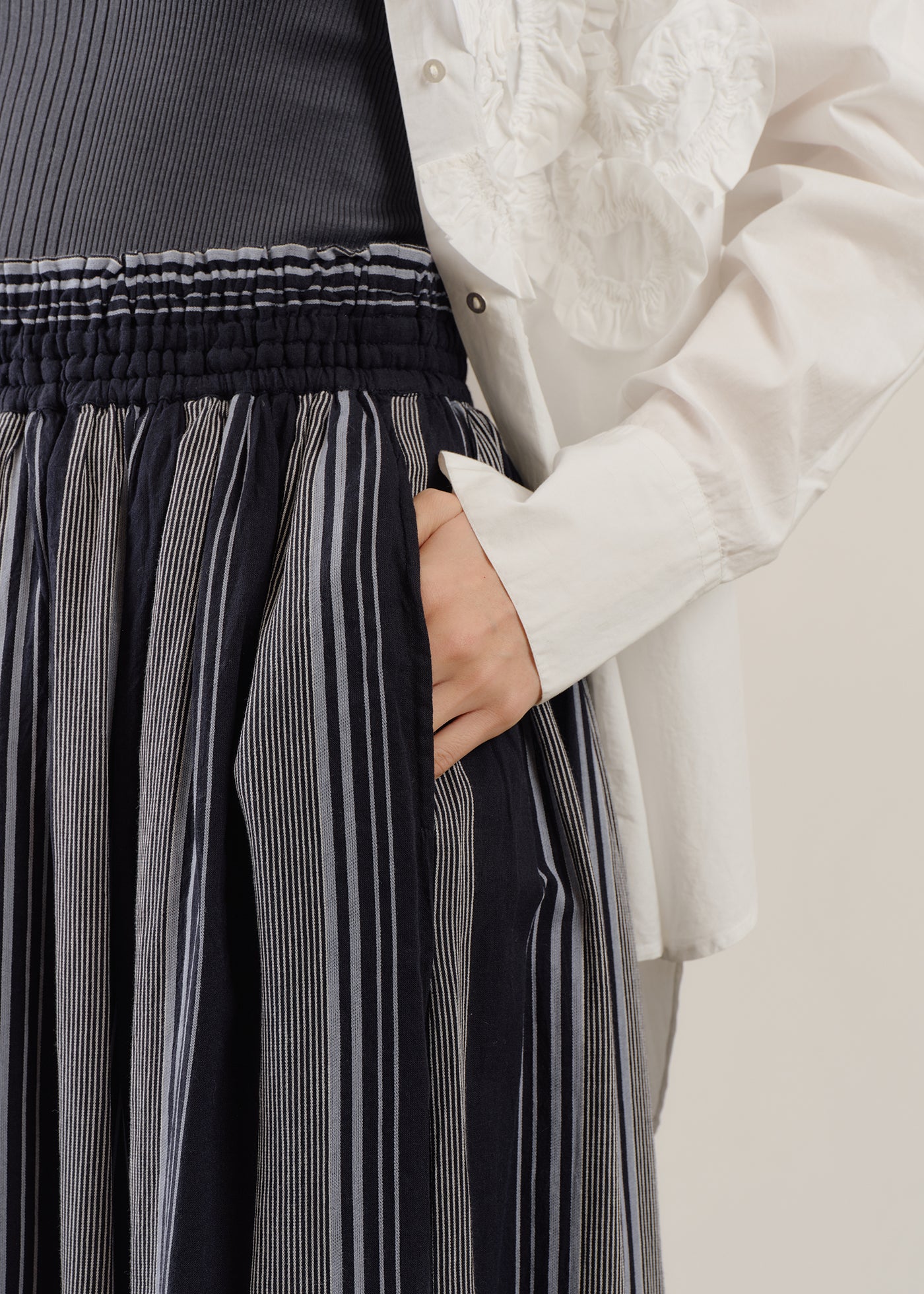 【3/4 10時発売】Cotton Voile Stripe Slant Panel Skirt