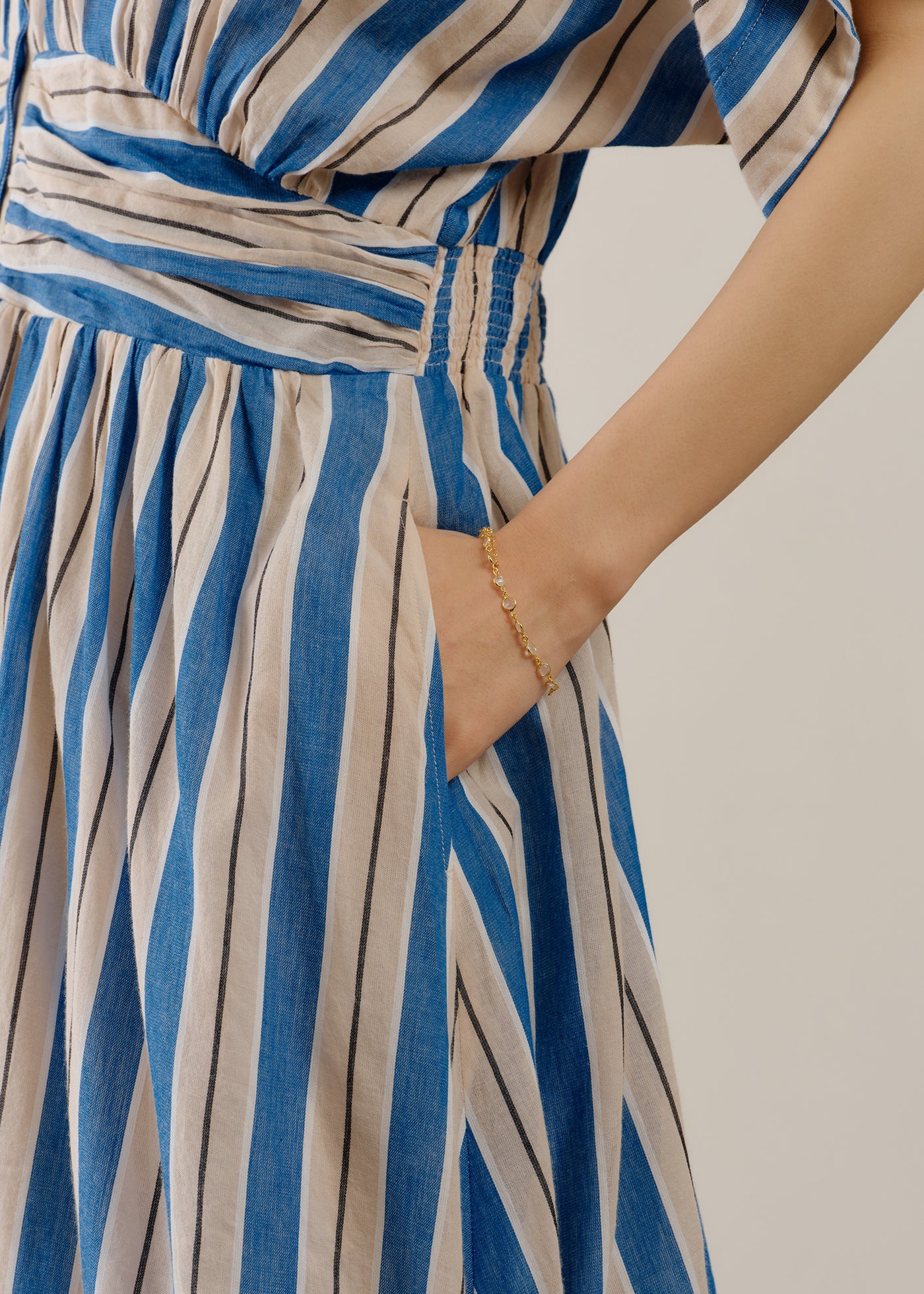 【3/4 10時発売】Cotton Voile Stripe Waist Gather Dress