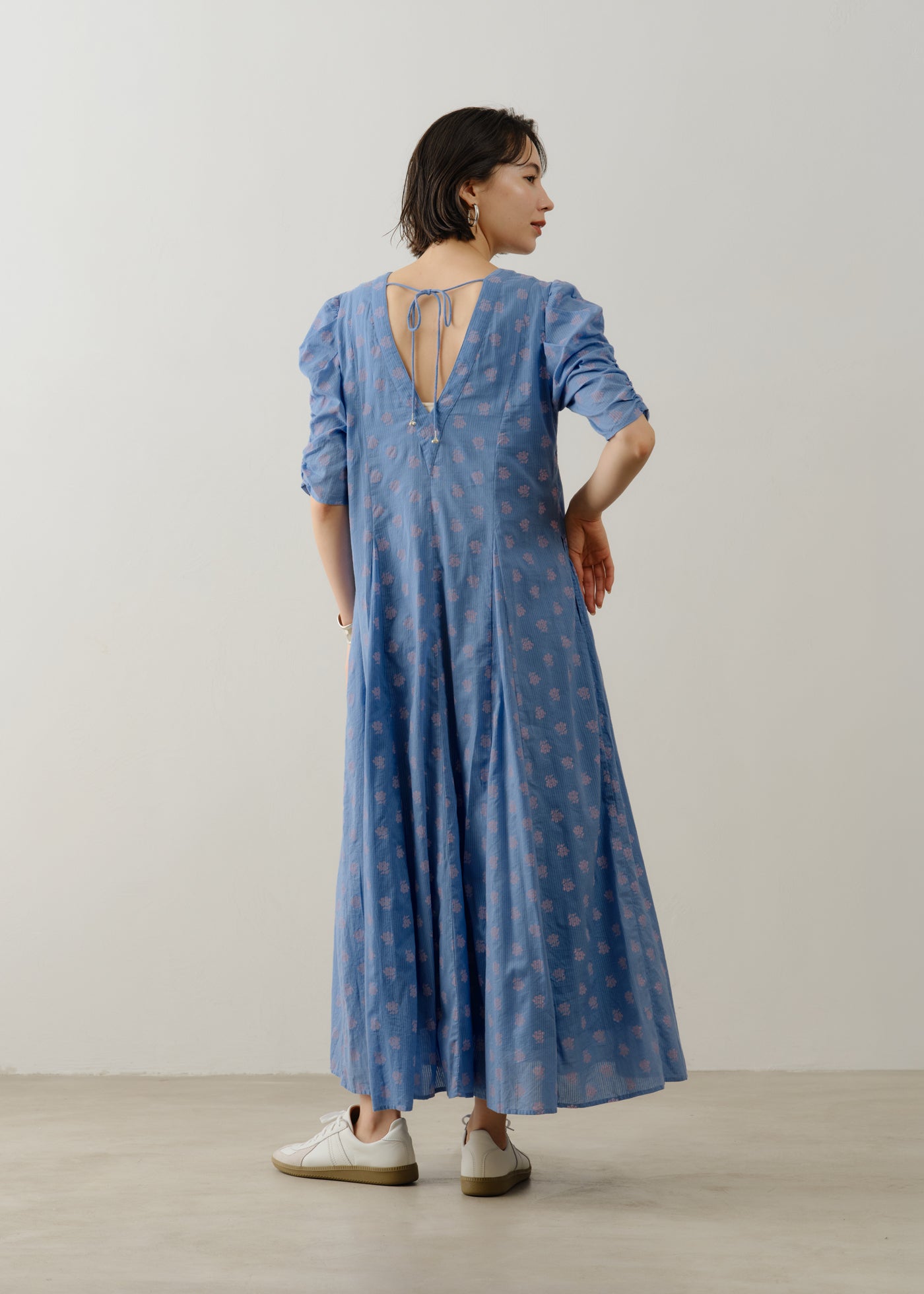 Cotton Dobby Stripe Anemone Print Gather Sleeve Dress | Pasand by