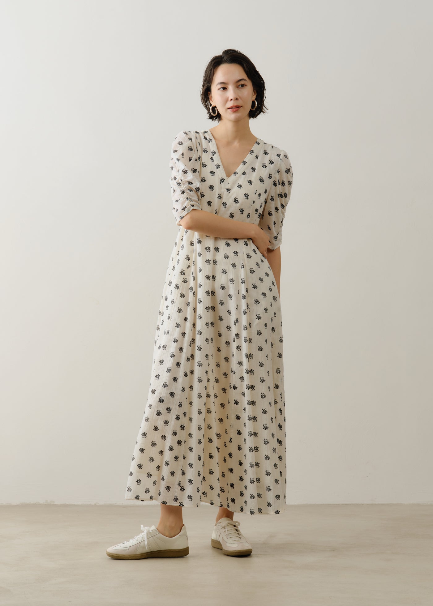 Cotton Dobby Stripe Anemone Print Gather Sleeve Dress | Pasand by Cotton Dobby Stripe Anemone Print Gather Sleeve Dress | Pasand by