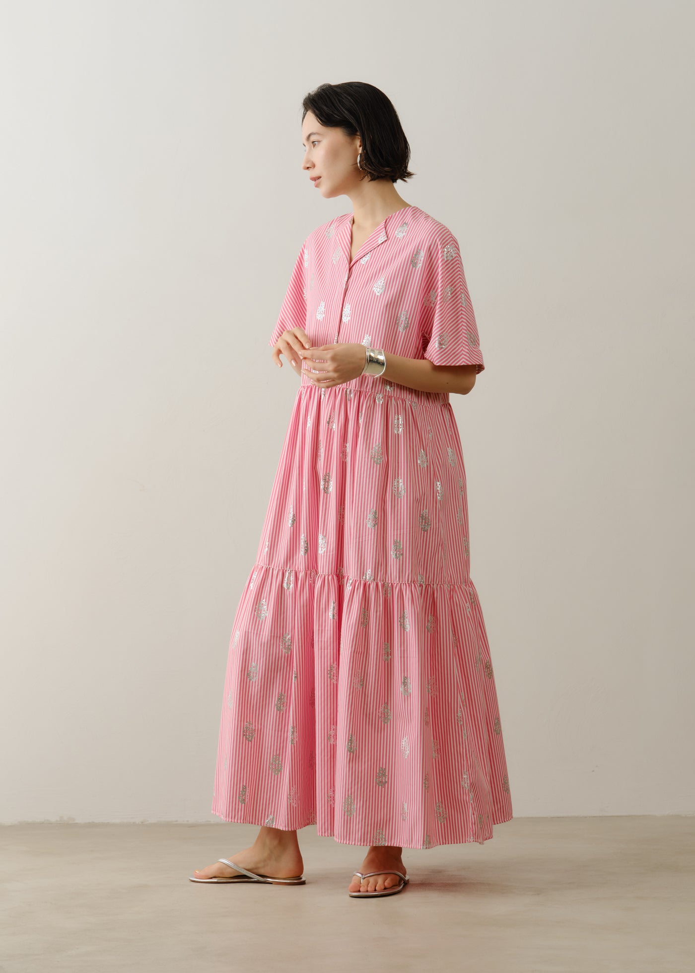 Cotton Poplin Stripe Foil Print Half Sleeve Tiered Dress | Pasand