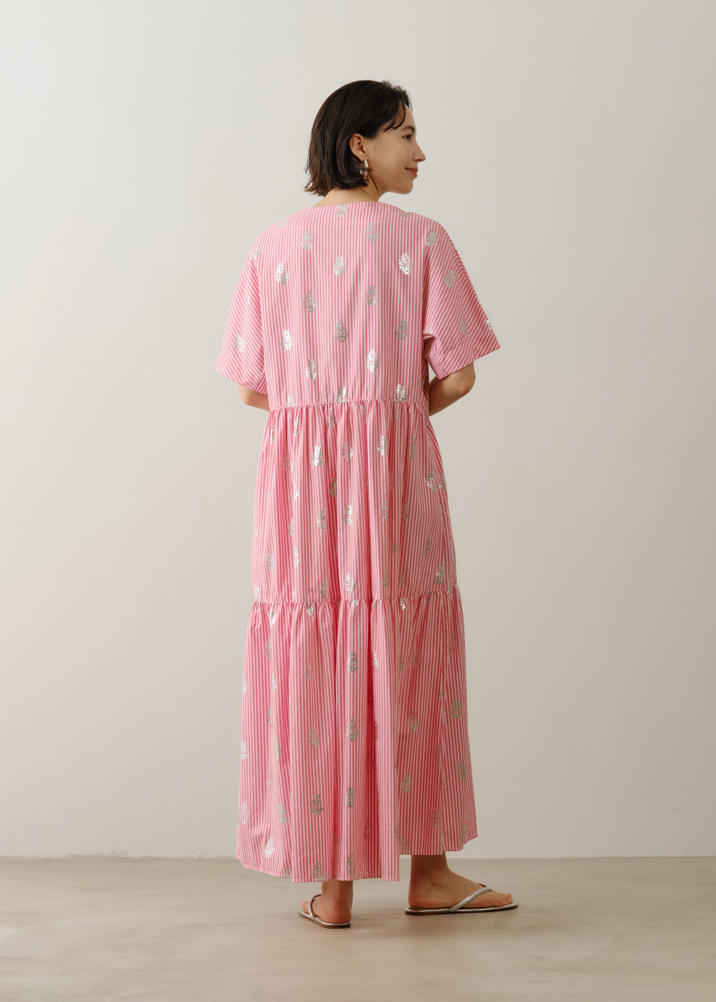 Cotton Poplin Stripe Foil Print Half Sleeve Tiered Dress | Pasand