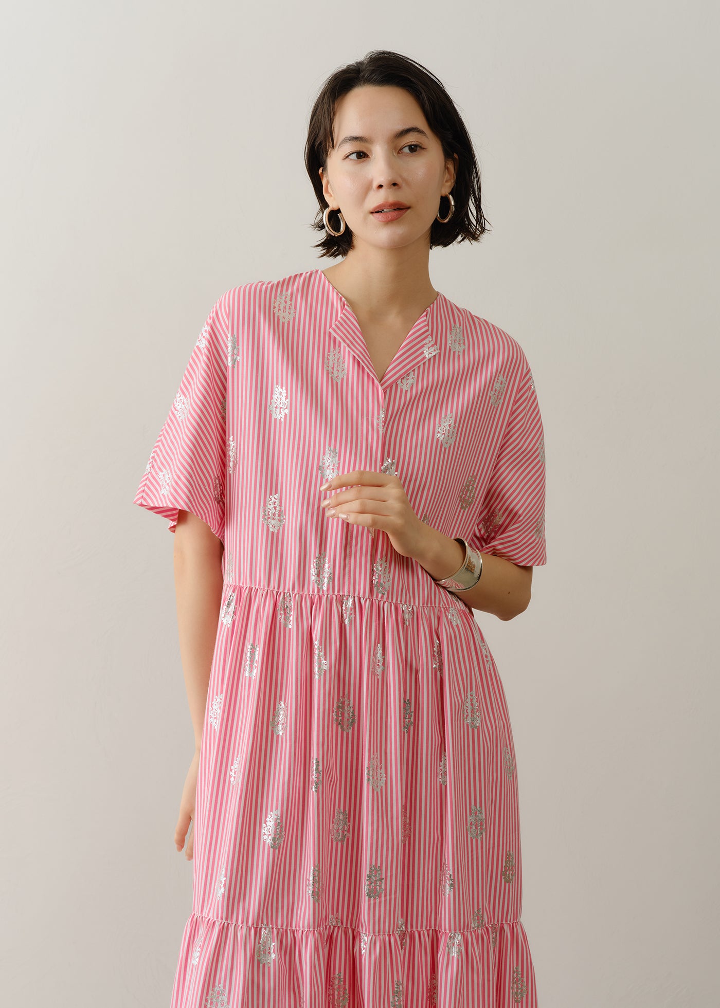 Cotton Poplin Stripe Foil Print Half Sleeve Tiered Dress | Pasand
