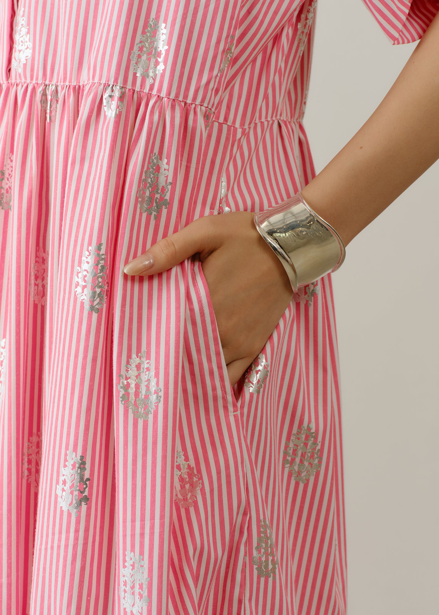 Cotton Poplin Stripe Foil Print Half Sleeve Tiered Dress