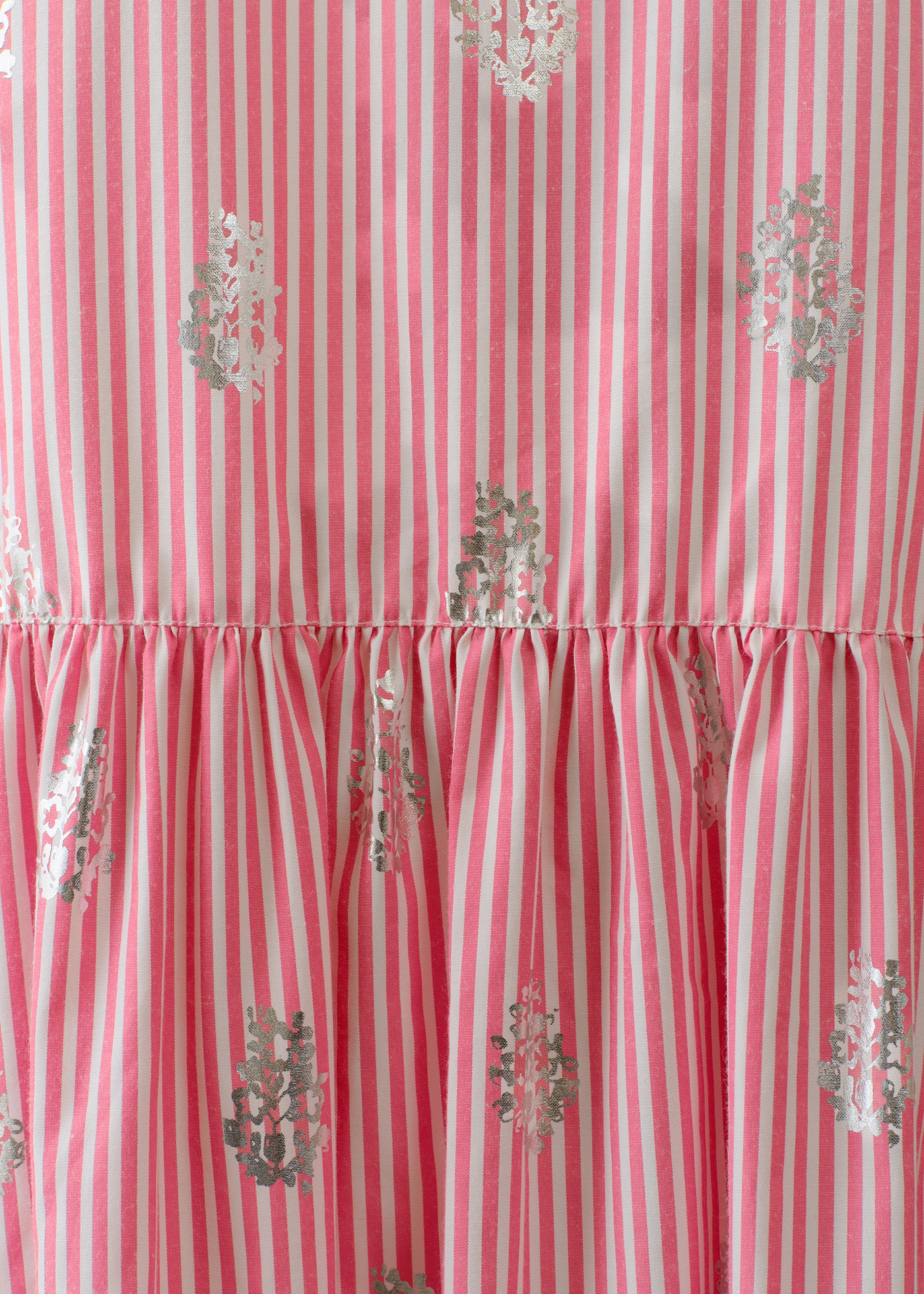 Cotton Poplin Stripe Foil Print Half Sleeve Tiered Dress