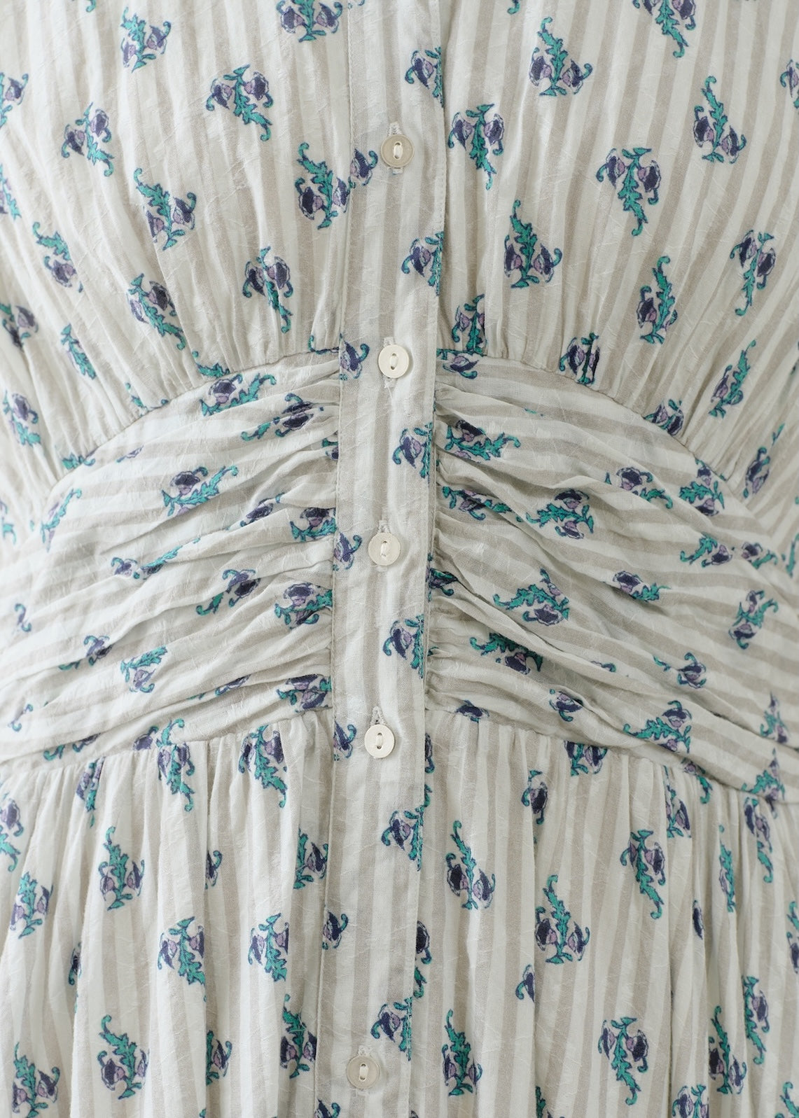 Cotton Jacquard Stripe Small Flower Print Sleeveless Waist Gather