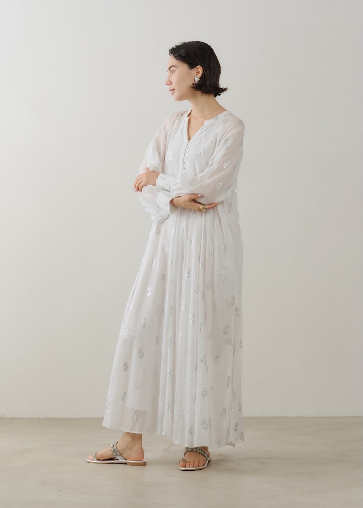 Cotton Voile Foil Flower Print Sleeve Dress
