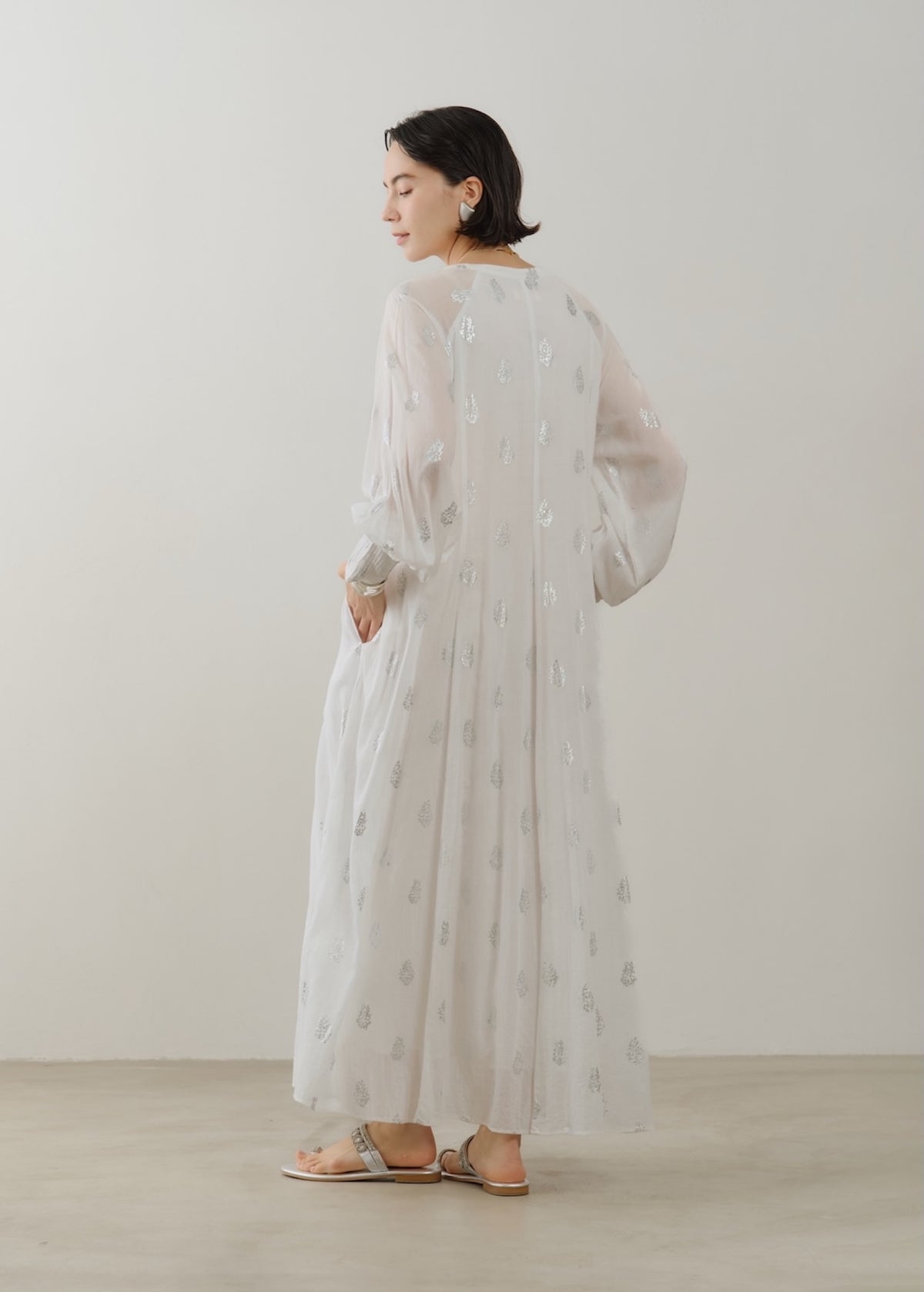 Cotton Voile Foil Flower Print Sleeve Dress