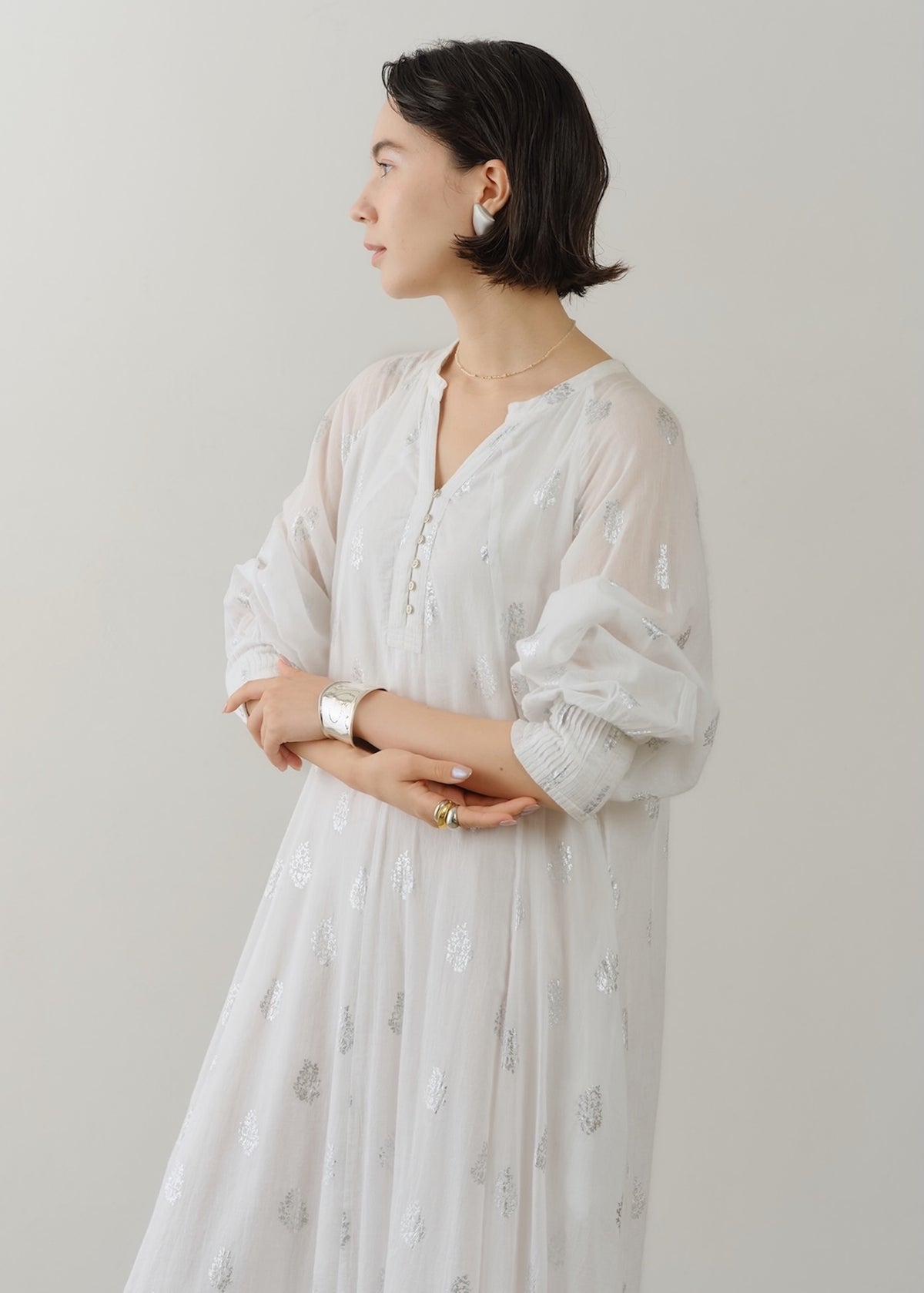Cotton Voile Foil Flower Print Sleeve Dress