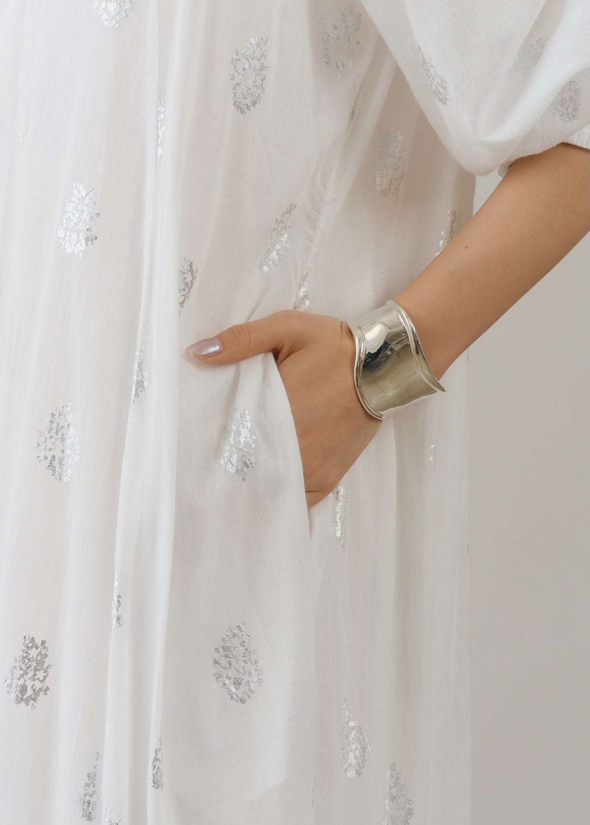 Cotton Voile Foil Flower Print Sleeve Dress