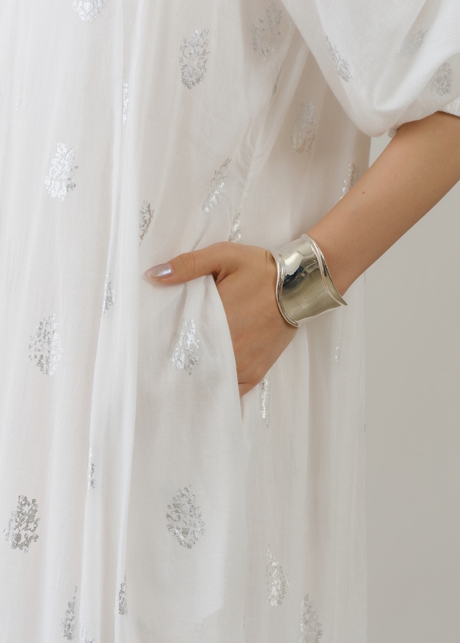 Cotton Voile Foil Flower Print Sleeve Dress